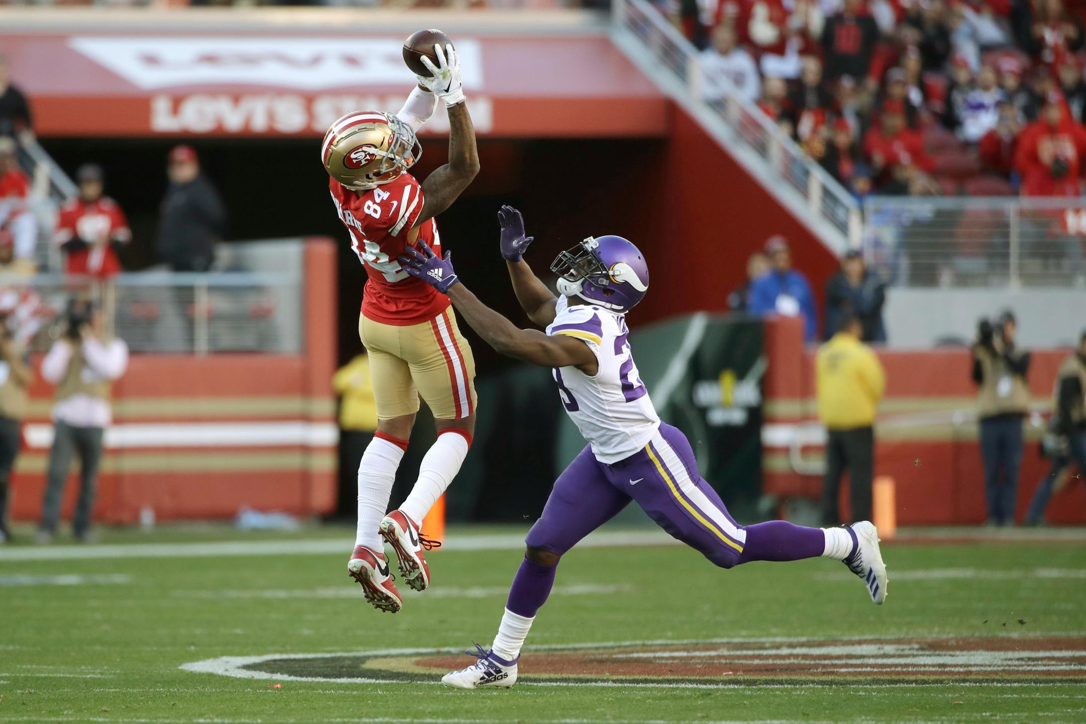 Vikings coach Mike Zimmer's defensive problems are highlighted by the position in which he has invested most — cornerback. Xavier Rhodes (right, defending against 49ers wide receiver Kendrick Bourne) is in steep decline and has a $12.9 million cap hit for the 2020 season.