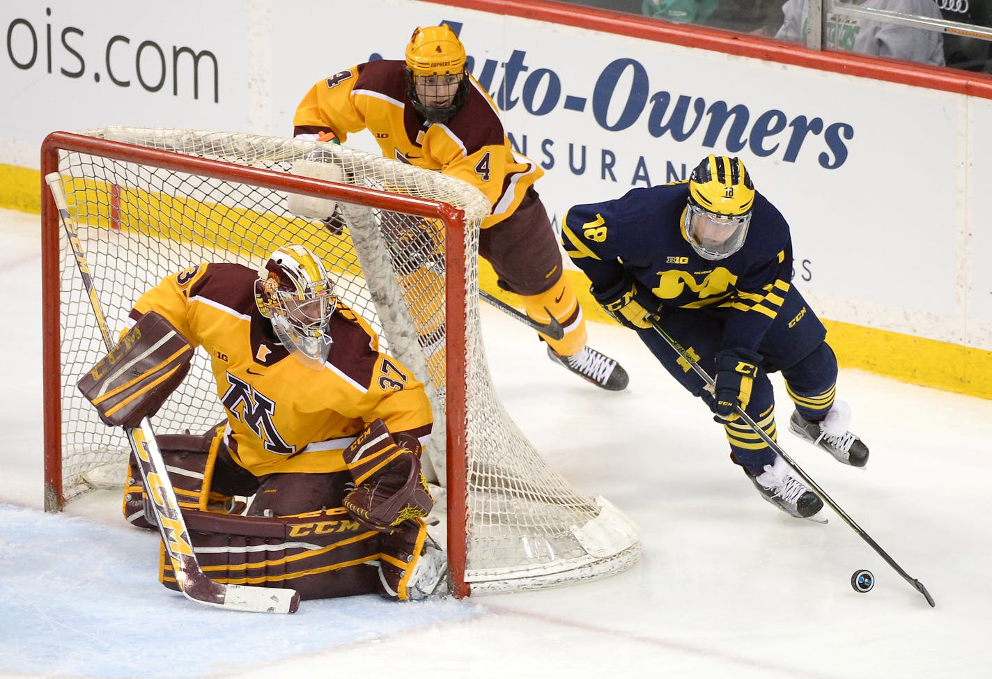 Michigan Wolverines forward Kyle Connor (18) tried to position himself for a wraparound shot on Minnesota Gophers goalie Eric Schierhorn (37) in the second period Saturday.