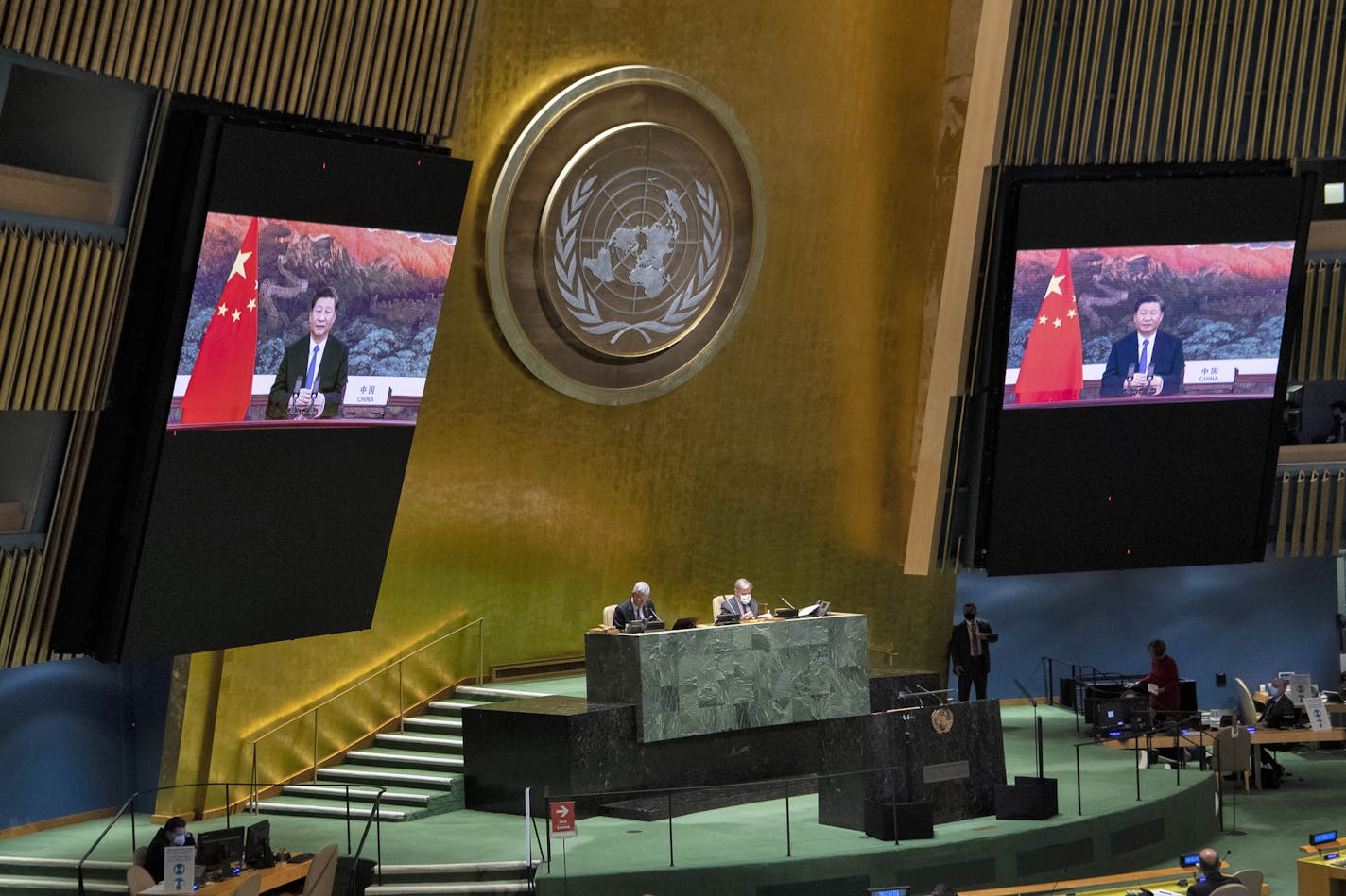 In this photo provided by the United Nations, Xi Jinping, President of China, speaks in the U.N. General Assembly Thursday, Oct. 1, 2020, in New York. (Eskinder Debebe/UN Photo via AP)