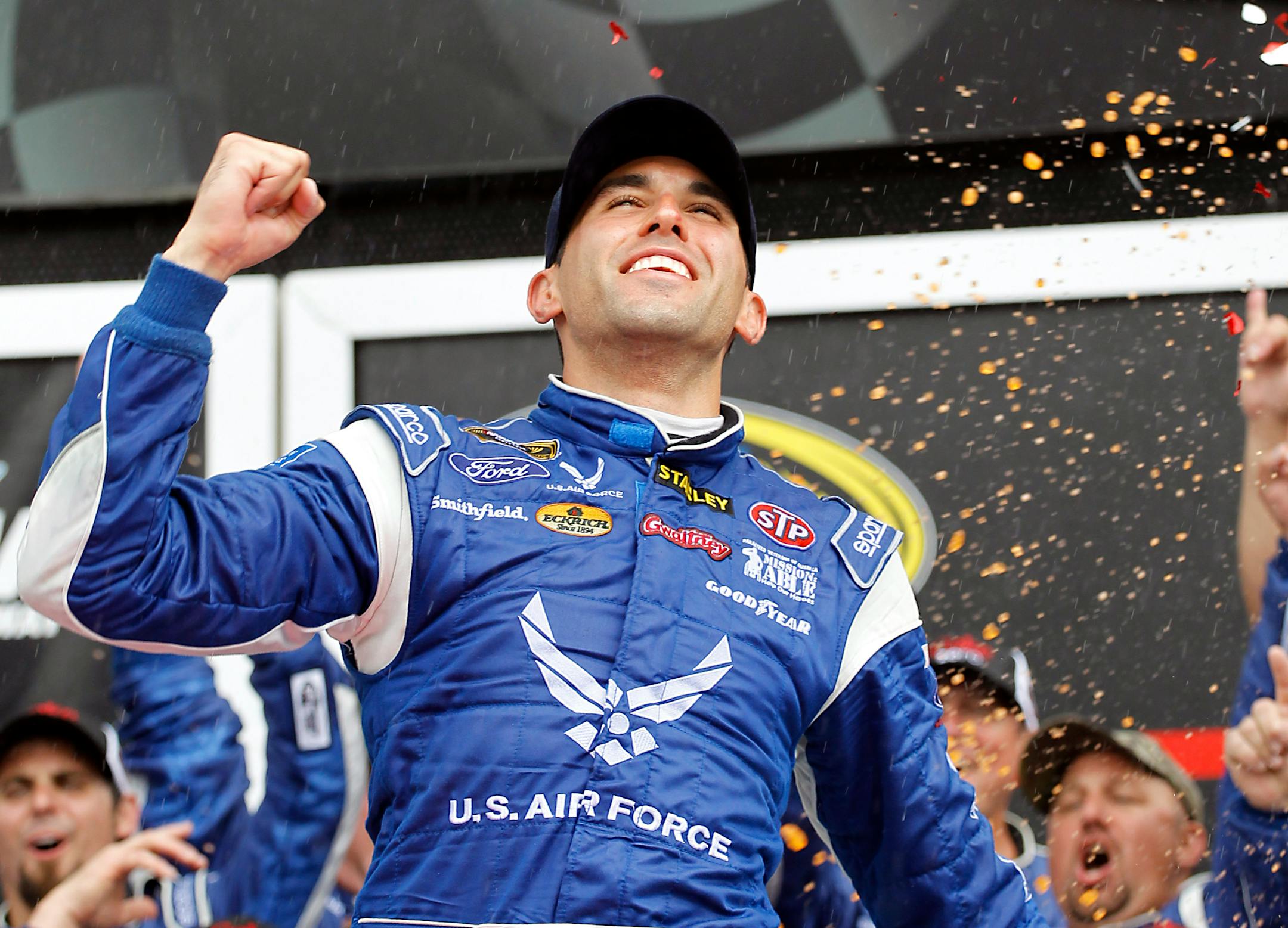 Aric Almirola celebrated in Victory Lane after winning the NASCAR Sprint Cup race at Daytona International Speedway on Sunday.