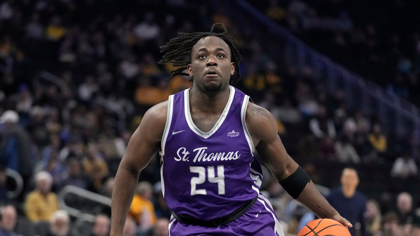 St. Thomas's Raheem Anthony during the second half of an NCAA college basketball game against Marquette Thursday, Dec. 14, 2023, in Milwaukee. Marquette won 84-79. (AP Photo/Morry Gash)