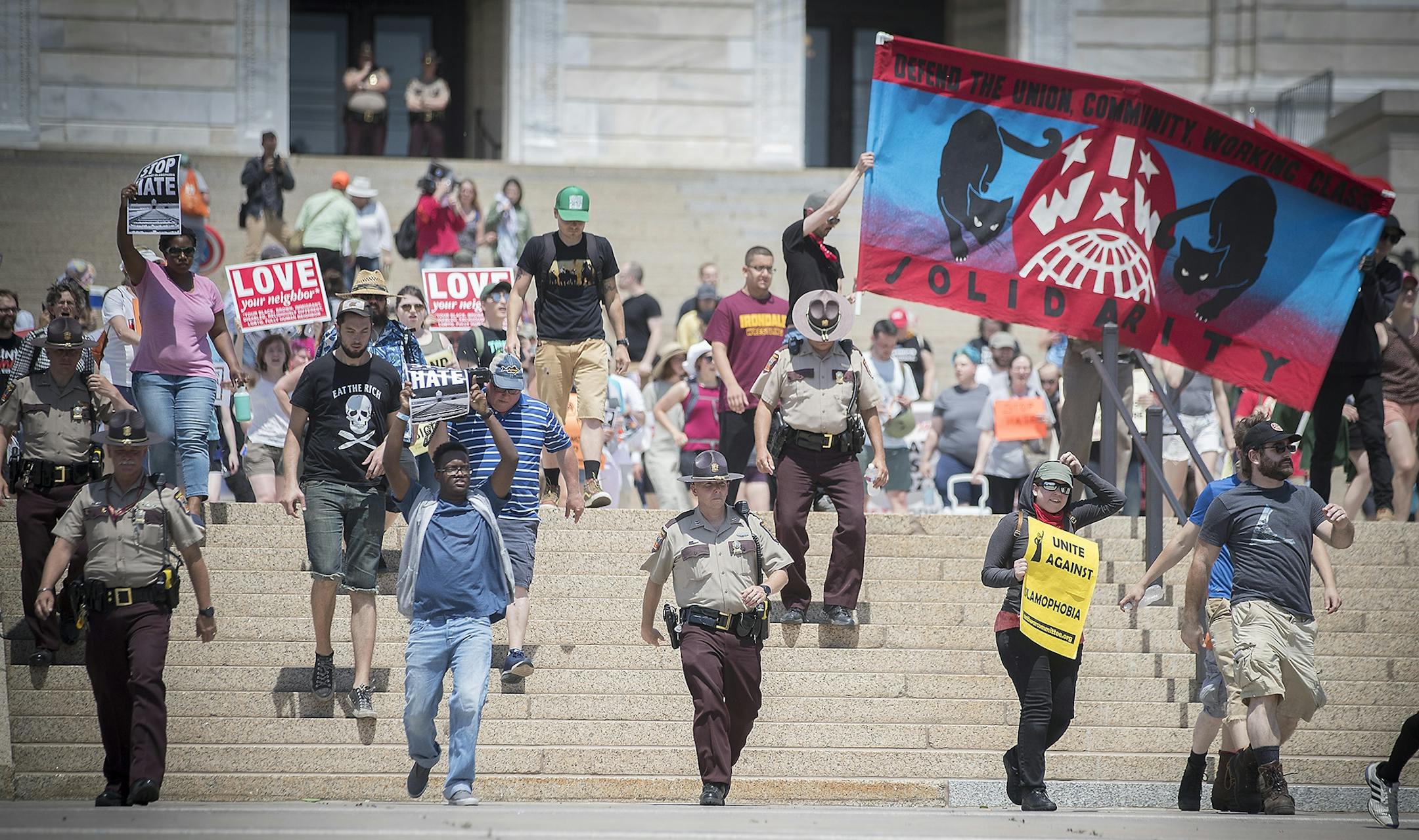 An anti-Sharia law group and antifascist protesters clashed during dueling rallies at the Minnesota State Capitol, Saturday, June 10, 2017 in St. Paul, MN. When a small faction of the anti-sharia group challenged the protesters outside, the Minnesota State Patrol had to intervene.