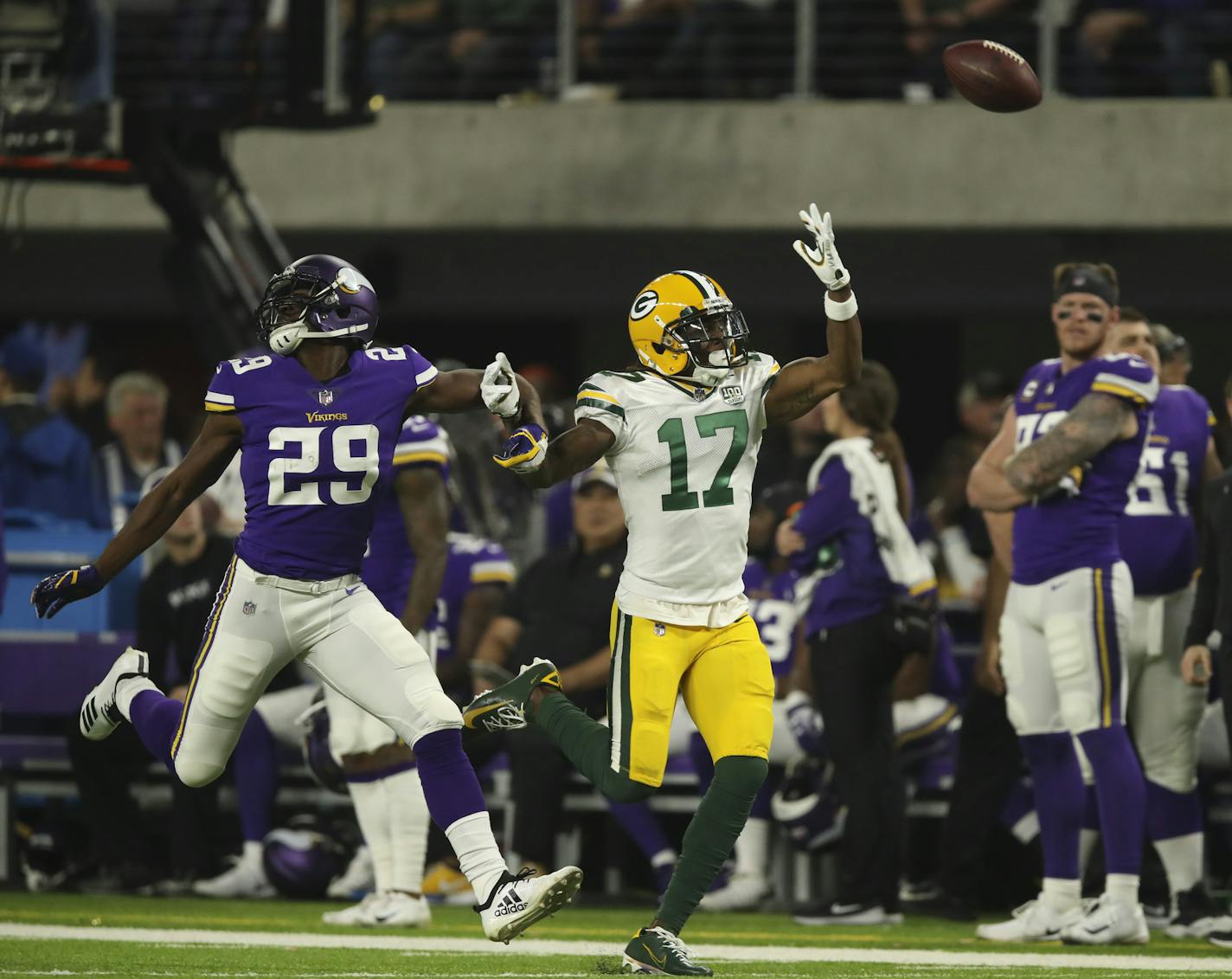 Minnesota Vikings cornerback Xavier Rhodes (29) was penalized for interferring with Green Bay Packers wide receiver Davante Adams (17) on a third quarter pass play. ] JEFF WHEELER &#xef; jeff.wheeler@startribune.com The Minnesota Vikings faced the Green Bay Packers in an NFL Sunday Night Football game at U.S. Bank Stadium in Minneapolis Sunday, November 25, 2018.