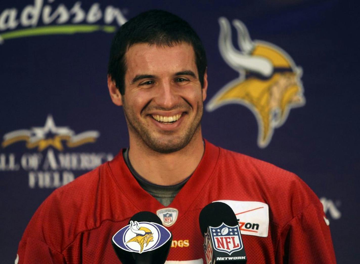 Minnesota Vikings quarterback Christian Ponder appeared to perhaps blush just a little when speaking about his marriage over the weekend in Wisconsin to ESPN reporter Samantha Steele during his weekly press conference at Winter Park Wednesday, Dec. 19, 2012, in Eden Prairie, MN.