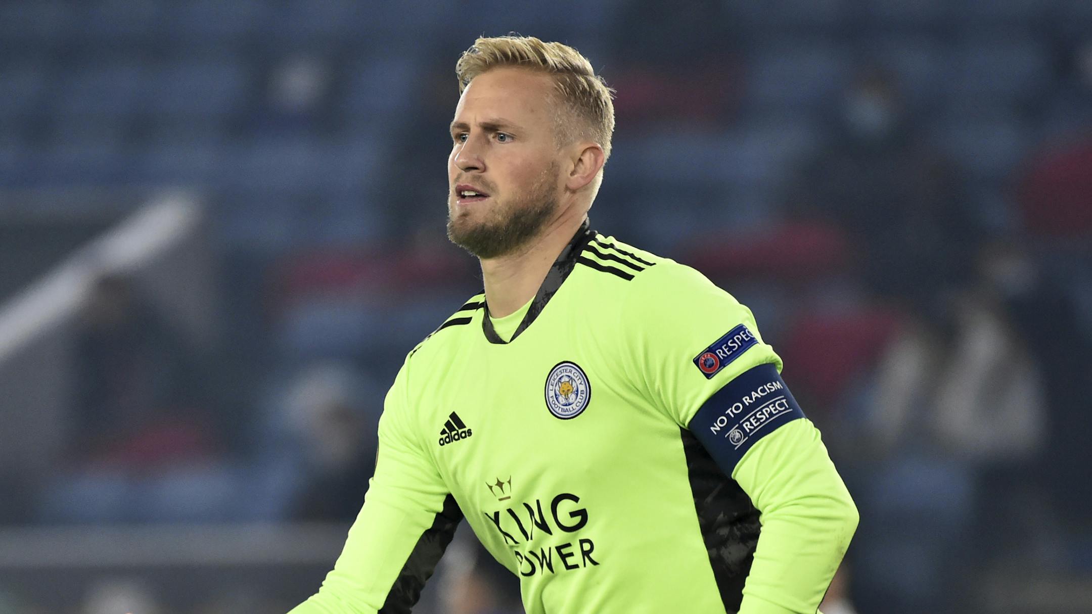 Leicester's goalkeeper Kasper Schmeichel during the Europa League Group G soccer match between Leicester City and Sporting Braga at the King Power Stadium in Leicester, England, Thursday, Nov 5, 2020. (AP Photo/Rui Vieira)