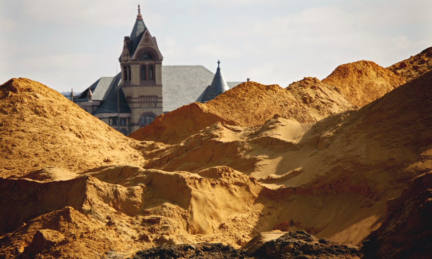 March 7, 2012: A lightening rod for recent protests about sand mining is this 50,000 ton pile of sand, referred to as "Mt. Frac" in downtown Winona. The Winona County Law Enforcement Center is in the background.