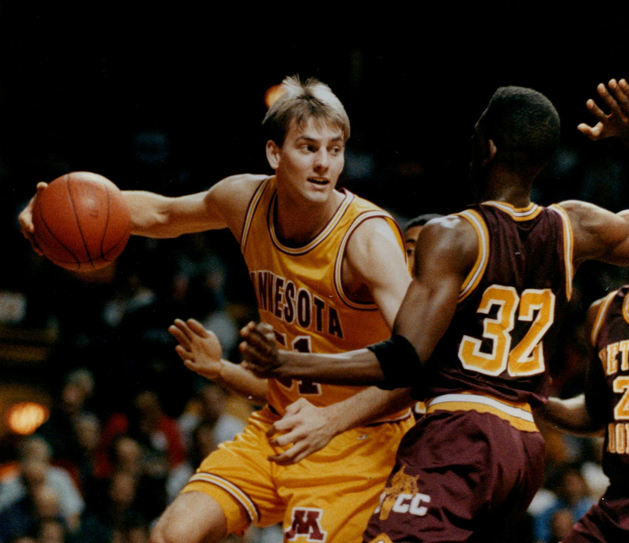 December 19, 1992 Feature on Chad Kolander Minnesota basketball player photo 1 Chad Kolande of Minnesota reaches for the loose ball during a recent game against Behune-Cook man. photo. 2.Chad Kolander drives to the hoop. Chad Kolander, entering his final season at Minnesota, knows it's time to take matters into his own hands. October 31, 1994 Jerry Holt, Minneapolis Star Tribune