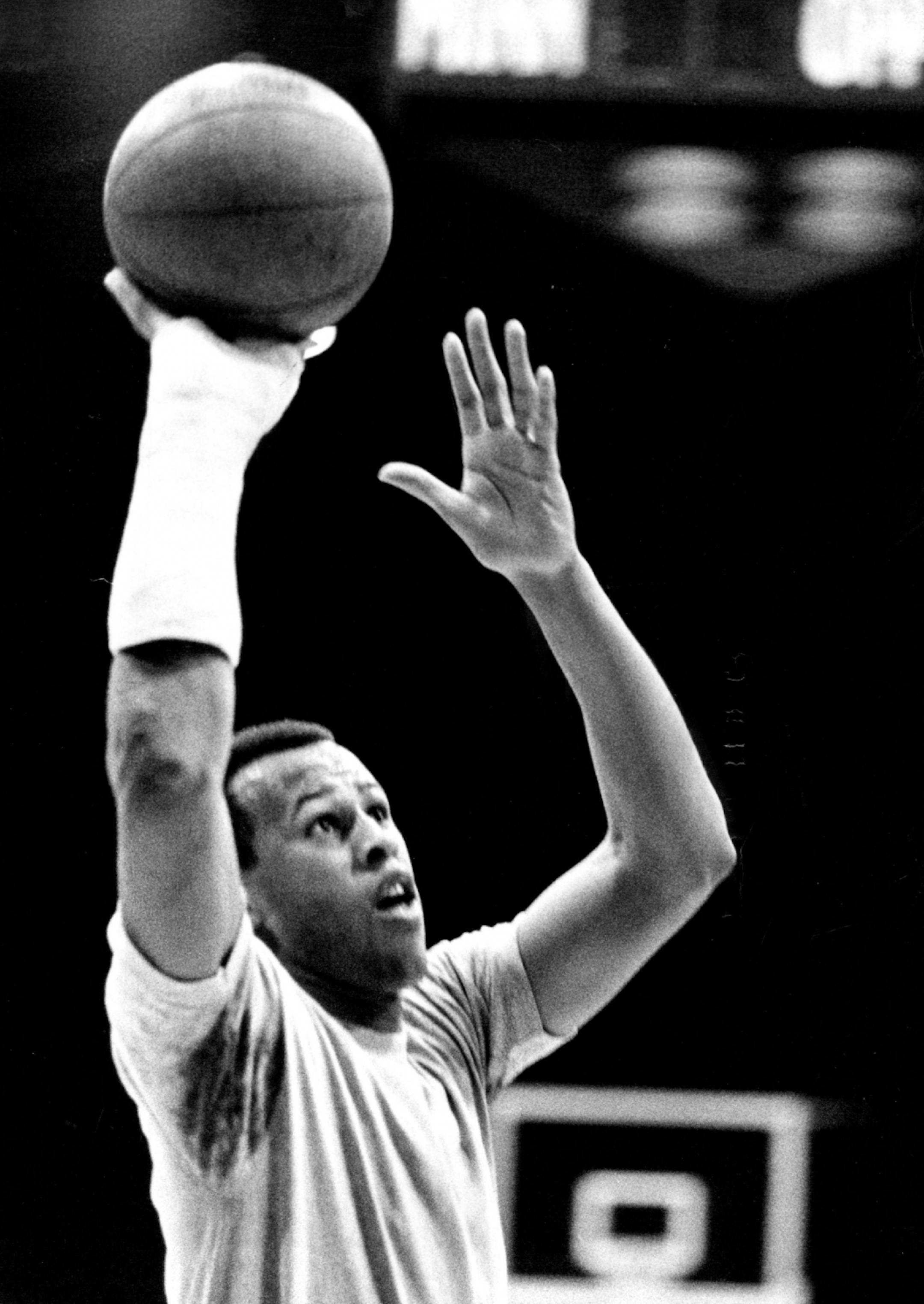 January 7, 1966 LOUIS HUDSON, Minnesota's injured basketball star, took a right-handed shot for A the photographers Thursday, but not with the customary Hudson touch. Lou's shooting hand is encased in a cast to protect a broken bone at the base of his thumb. He can't catch the ball or shoot accurately with the injured hand. He's been out of action three weeks and likely will be sidelined for two or three more. January 6, 1966 John Croft, Minneapolis Star Tribune