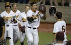 Chris Howell | Herald-Times
Minnesota outfielder Eddie Estrada (9) celebrates his three run home run that gave the Gophers a one run lead in the botto