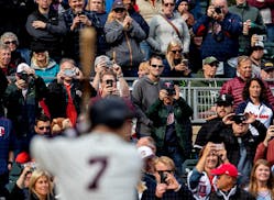 Fans stood and took photos during the first at bat for Joe Mauer. ] CARLOS GONZALEZ ï cgonzalez@startribune.com ñ September 30, 2018, Minneapolis, M