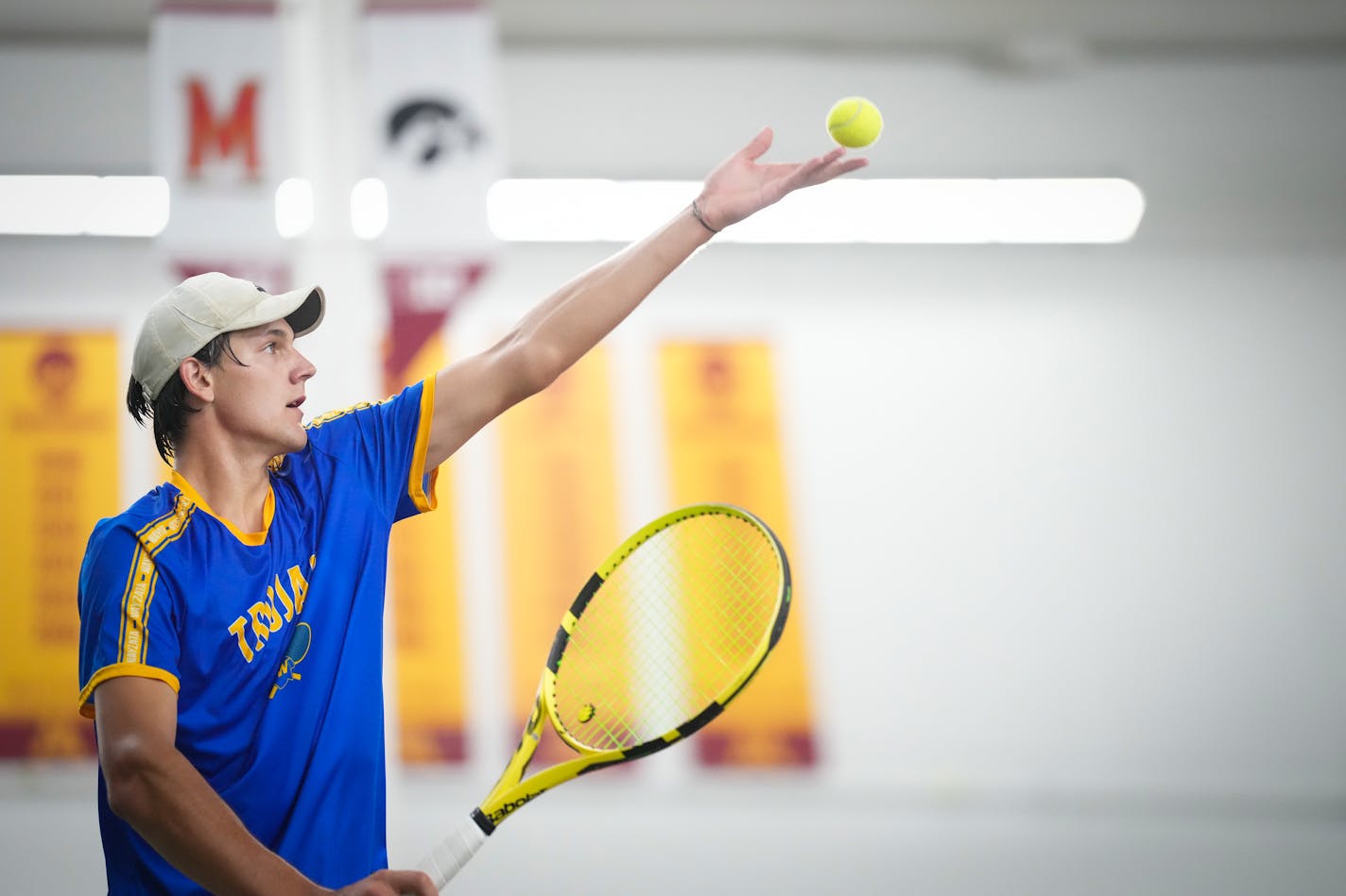 Wayzata's Collin Beduhn serves to Rochester Mayo's Tej Bhagra in the state Class 2A team tournament at the Baseline Tennis Center on the campus of the University of Minnesota in Minneapolis, Minn., on Wednesday, June 7, 2023. Wayzata defeated Rochester Mayo to claim the state Class 2A boys tennis team championship. ] SHARI L. GROSS • shari.gross@startribune.com