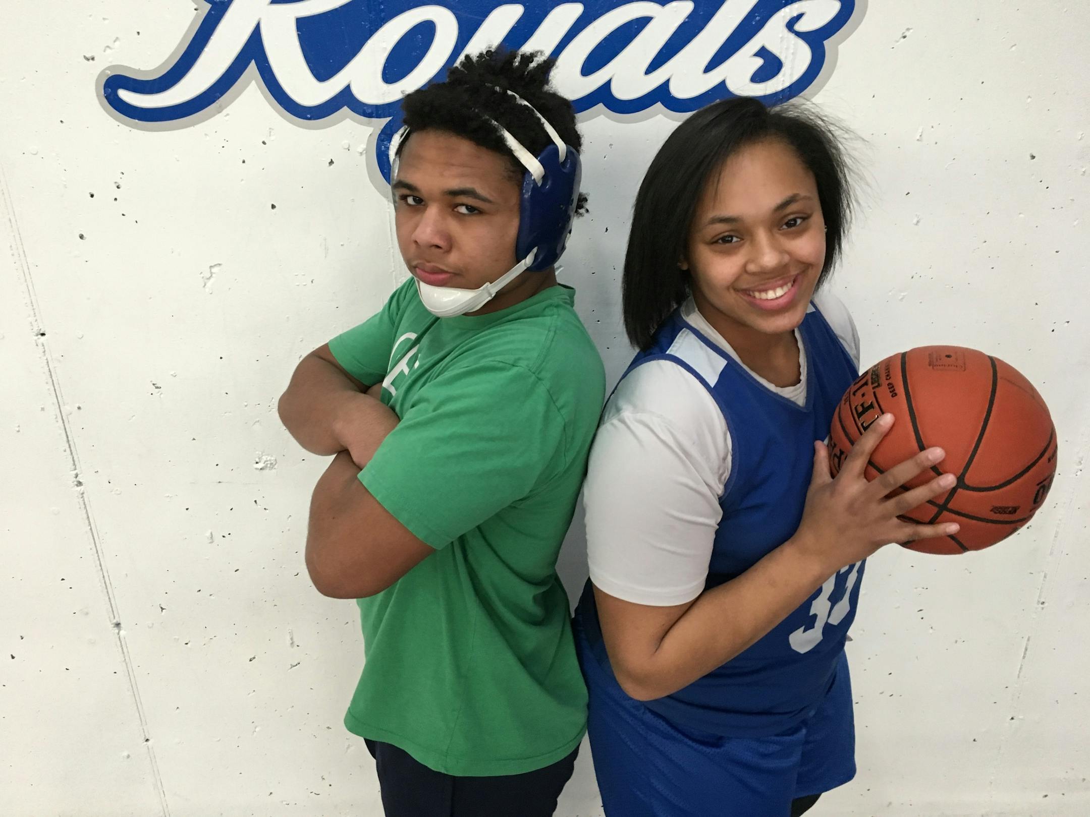 Hopkins brother-sister combo of wrestler R.J, Chakolis and girls' basketball player Dlayla Chakolis. Photo by Jim Paulsen. Star Tribune