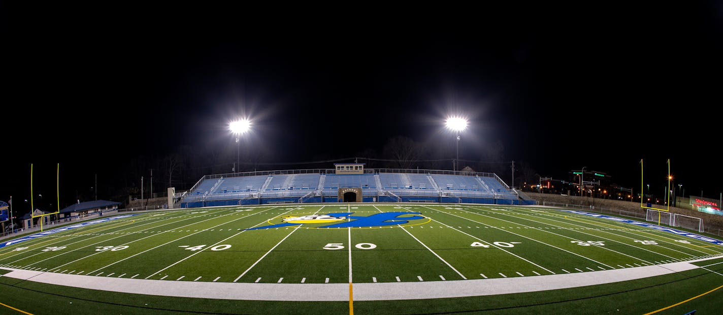 The lights were turned on at McNamara Stadium / Todd Field in Hastings, Minn. in April to honor kids not being able to attend school because of the coronavirus. With the pandemic still lingering and fall sports seasons fast approaching, the Minnesota State High School League is still wrestling with several options on how to safely conduct those sports.