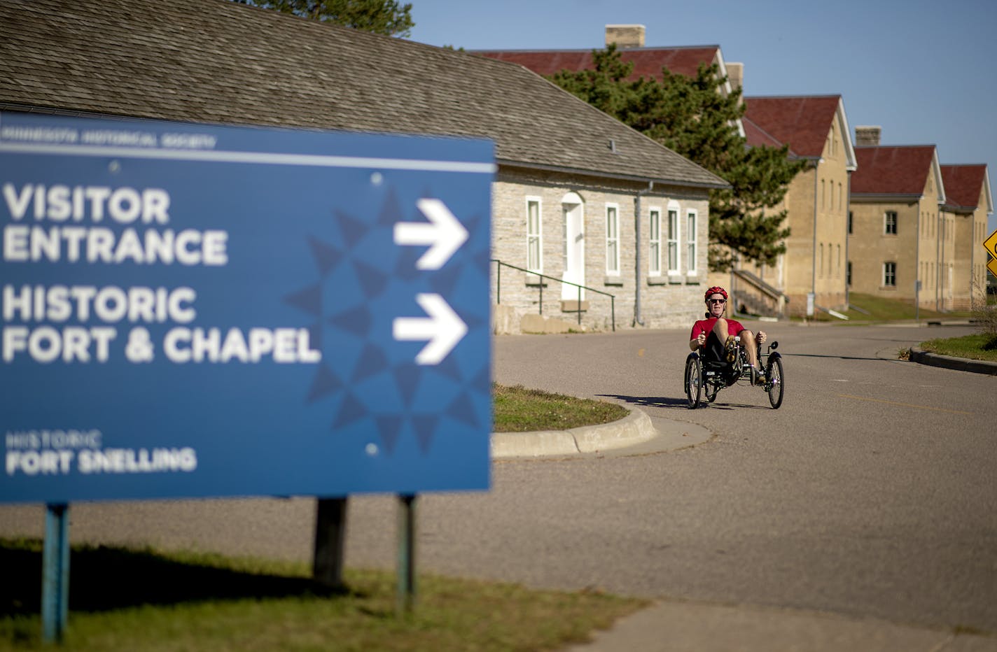 A bicyclist made his way along the the Historic Fort Snelling site, Monday, October 7, 2019 in Bloomington, MN. The site, a Minnesota landmark for centuries, could get a new name. The Minnesota Historical Society, which manages the historic site that includes the fort and other historical and newer buildings, is exploring whether to rename the larger site - but not the fort itself - as the fort undergoes a $34.5 million renovation. ] ELIZABETH FLORES • liz.flores@startribune.com