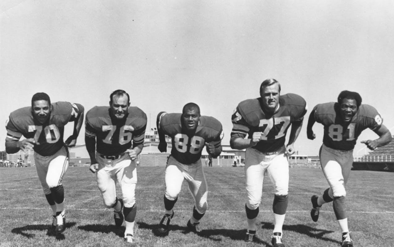 A photo of Jim Marshall, Paul Dickson, Alan Page, Gary Larsen and Carl Eller. Marshall, Page, Larsen and Eller later became known as the “Purple Peo