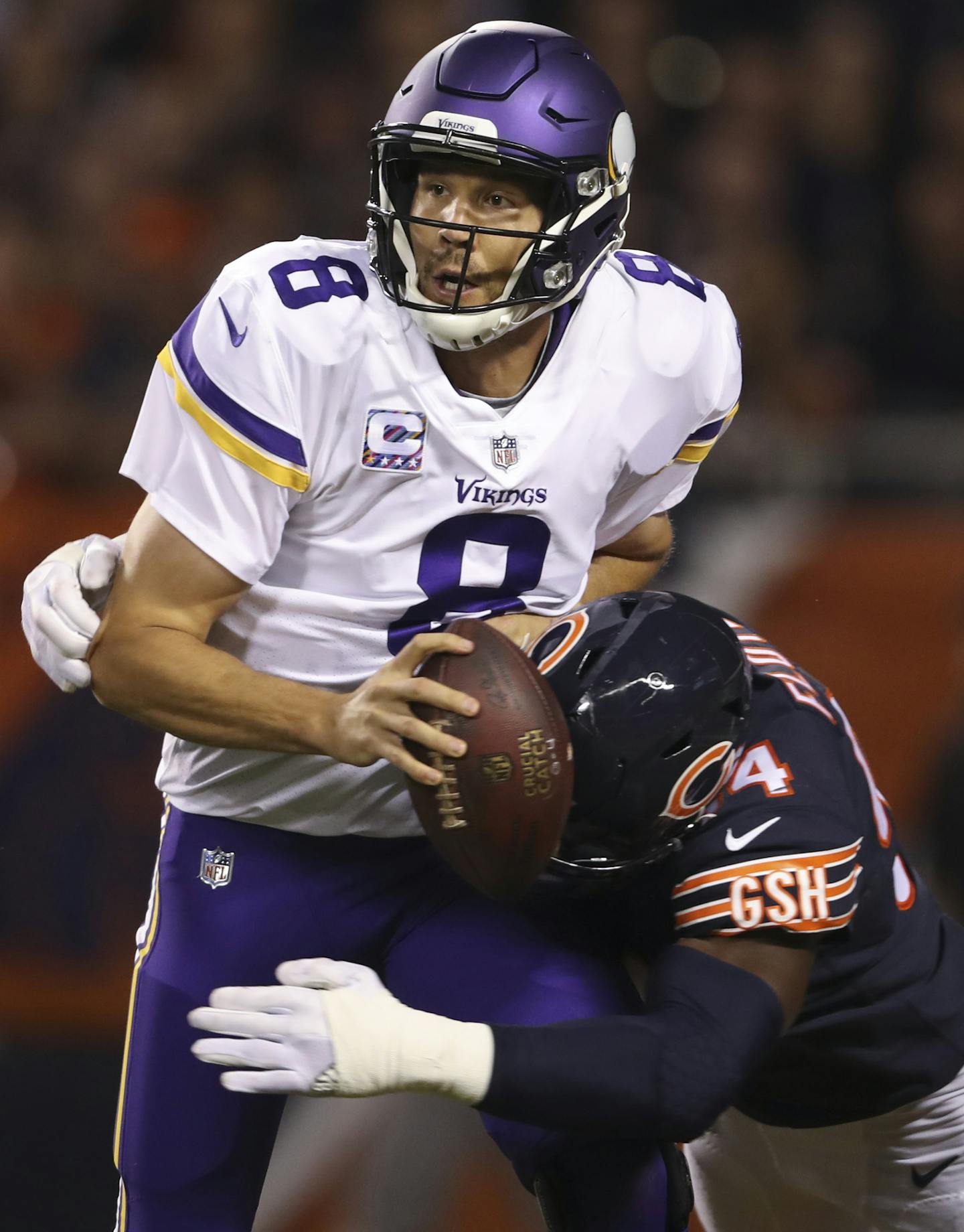 Minnesota Vikings quarterback Sam Bradford (8) was sacked in the end zone by Chicago Bears outside linebacker Leonard Floyd (94) for a safety in the first quarter. ] JEFF WHEELER &#xef; jeff.wheeler@startribune.com The Minnesota Vikings faced the Chicago Bears in an NFL Monday Night Football game on October 9, 2017 at Soldier Field in Chicago.