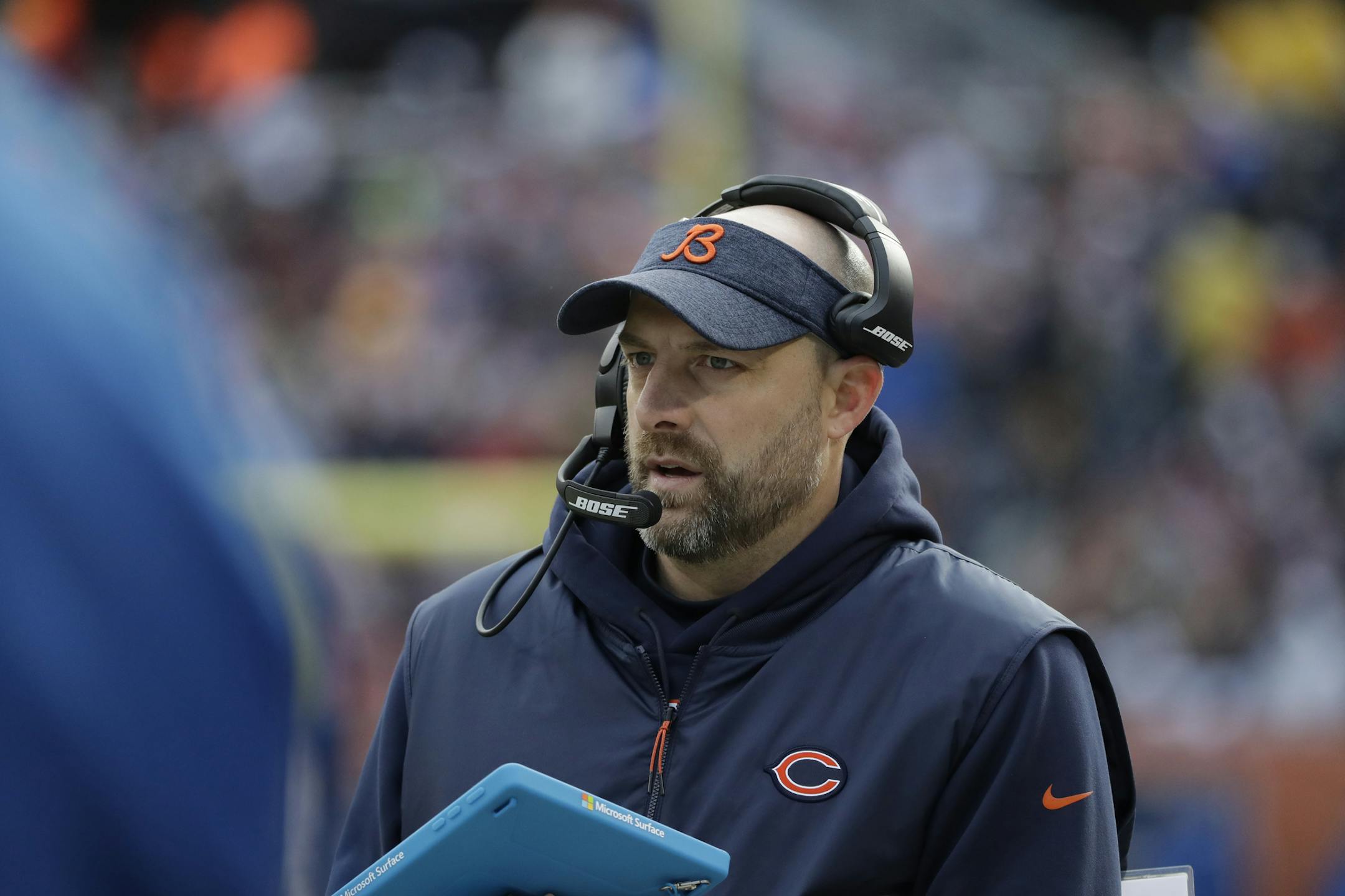 Chicago Bears head coach Matt Nagy calls a play during the first half of an NFL football game against the Green Bay Packers Sunday, Dec. 16, 2018, in Chicago. (AP Photo/Nam Y. Huh)