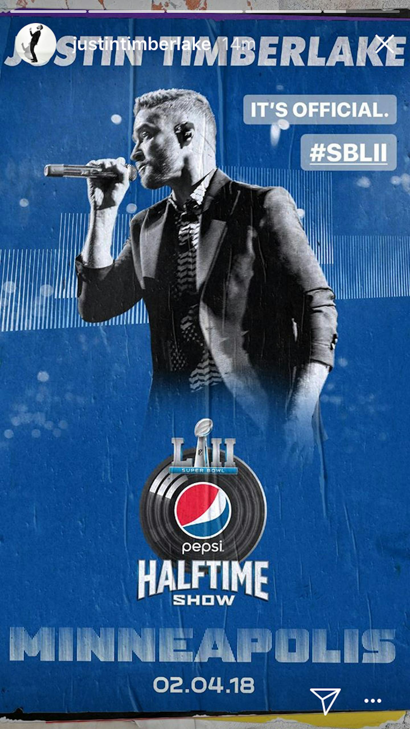 timberlake will be performing during halftime at the Superbowl in Minneapolis, MN feb 4, 2018