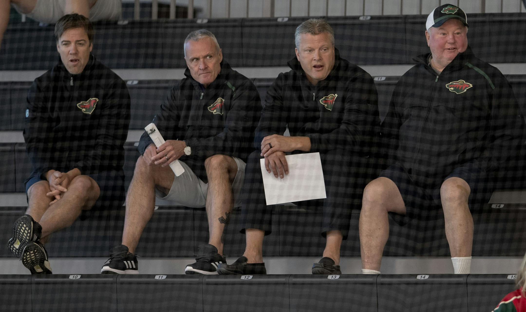 Minnesota Wild coaches Darby Hendrickson, Dean Evason, Bob Woods and Bruce Boudreau watched Development Camp. ] CARLOS GONZALEZ • cgonzalez@startribune.com – St. Paul, MN – June 25, 2019, TRIA Rink, NHL, Minnesota Wild Development Camp