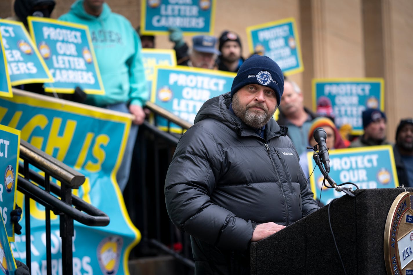 Brian L. Renfroe president of the National&nbsp;Association of Letter Carriers (NALC) speaks about the violence that many letter carriers have been subjected to in recent months at the NALC rally outside the main United States Post Office in Minneapolis, Minn. on Sunday, Jan. 7, 2024. With this rising rates in violence, the NALC is demanding better protection for city carriers and for the justice system to more adequately prosecute attackers. ] Angelina Katsanis • angelina.katsanis@startribune.com