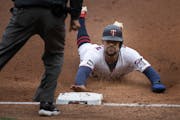 Minnesota Twins center fielder Byron Buxton (25) was safe at third in the third inning at Target Field Sunday April 11, 2021 in Minneapolis, MN.]  Jer
