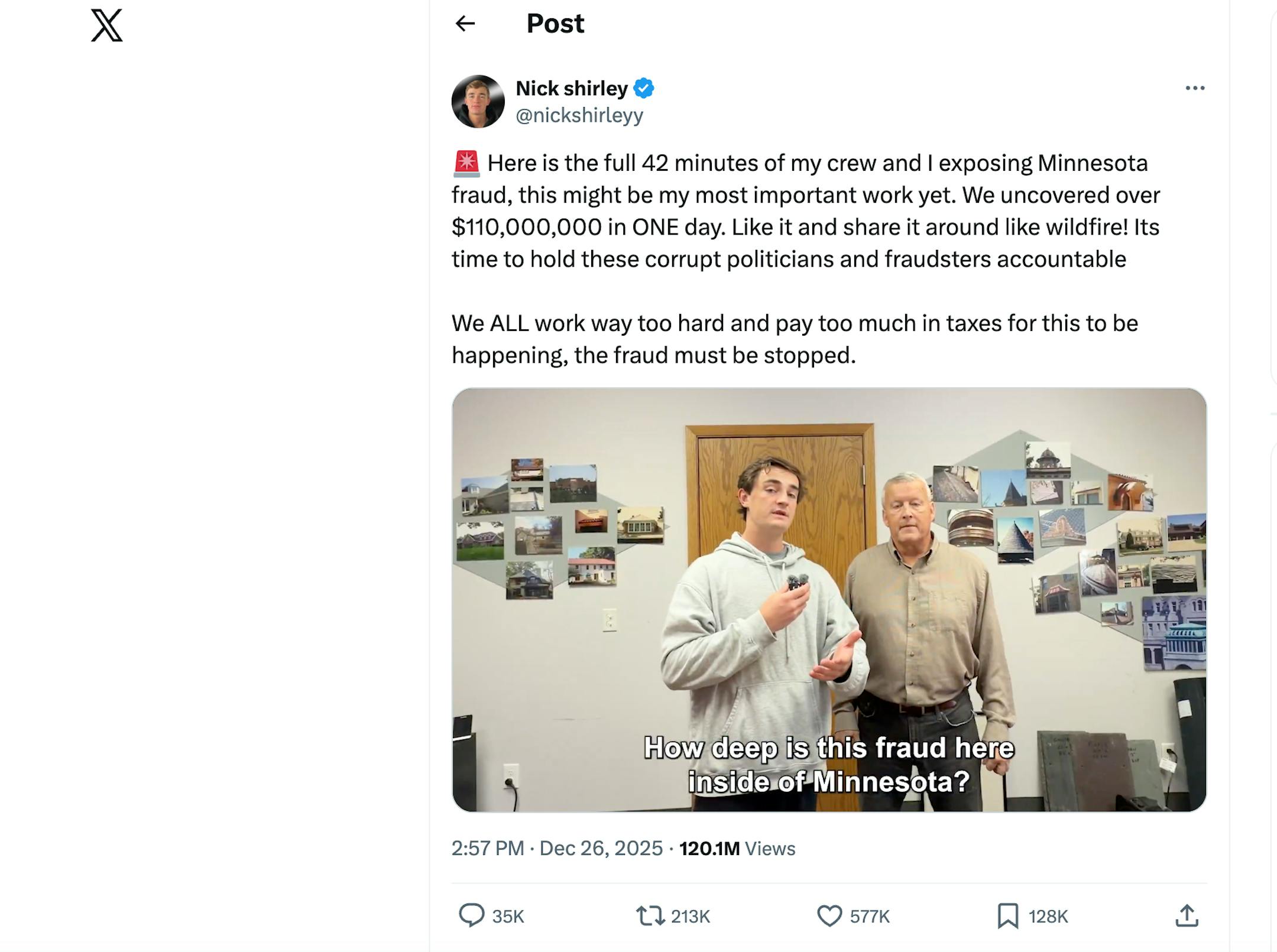 Caption: A screenshot from Nick Shirley’s X account shows a clip from a 43-minute long video he posted, alleging that a group of day care centers in Minneapolis have misappropriated “upwards of $100 million.”