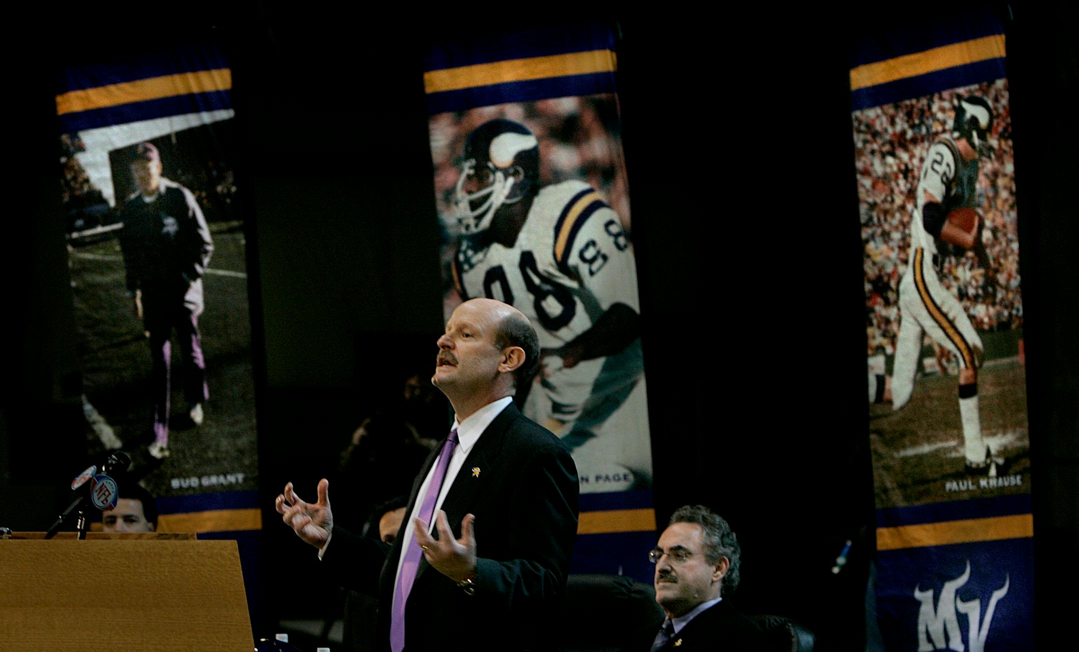 JIM GEHRZ ï jgehrz@startribune.com Eden Prairie/January 6, 2006/11:00AM New Minnesota Vikingsí head coach Brad Childress (left) talks to members of the media during a news conference at Winter Park in Eden Prairie Friday, January 6, 2006, where owner Zygi Wilf (right) introduced him as the teamís new head coach. Childress, most recently the offensive coordinator with the Philadelphia Eagles, accepts his first head coaching position on the NFL, succeeding coach Mike Tice who was fired after the Vikings final regular season game.