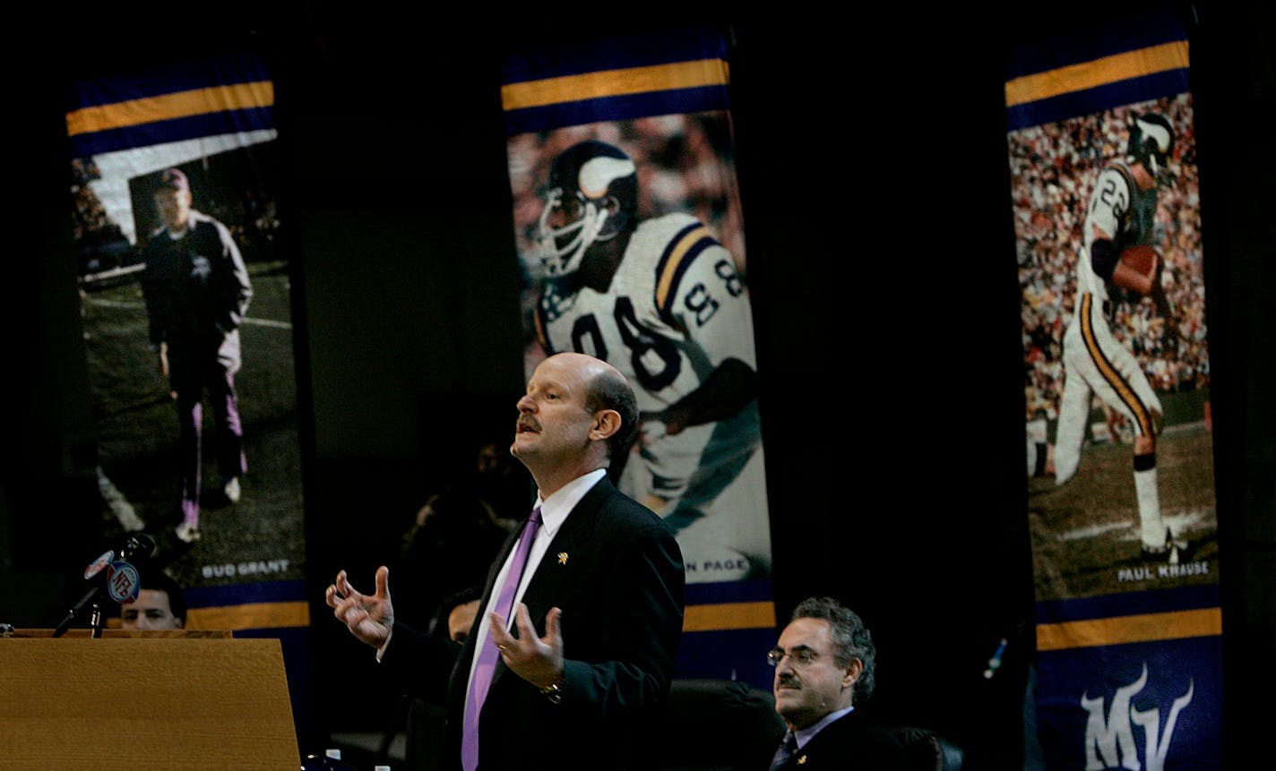 JIM GEHRZ ï jgehrz@startribune.com Eden Prairie/January 6, 2006/11:00AM New Minnesota Vikingsí head coach Brad Childress (left) talks to members of the media during a news conference at Winter Park in Eden Prairie Friday, January 6, 2006, where owner Zygi Wilf (right) introduced him as the teamís new head coach. Childress, most recently the offensive coordinator with the Philadelphia Eagles, accepts his first head coaching position on the NFL, succeeding coach Mike Tice who was fired after the Vikings final regular season game.