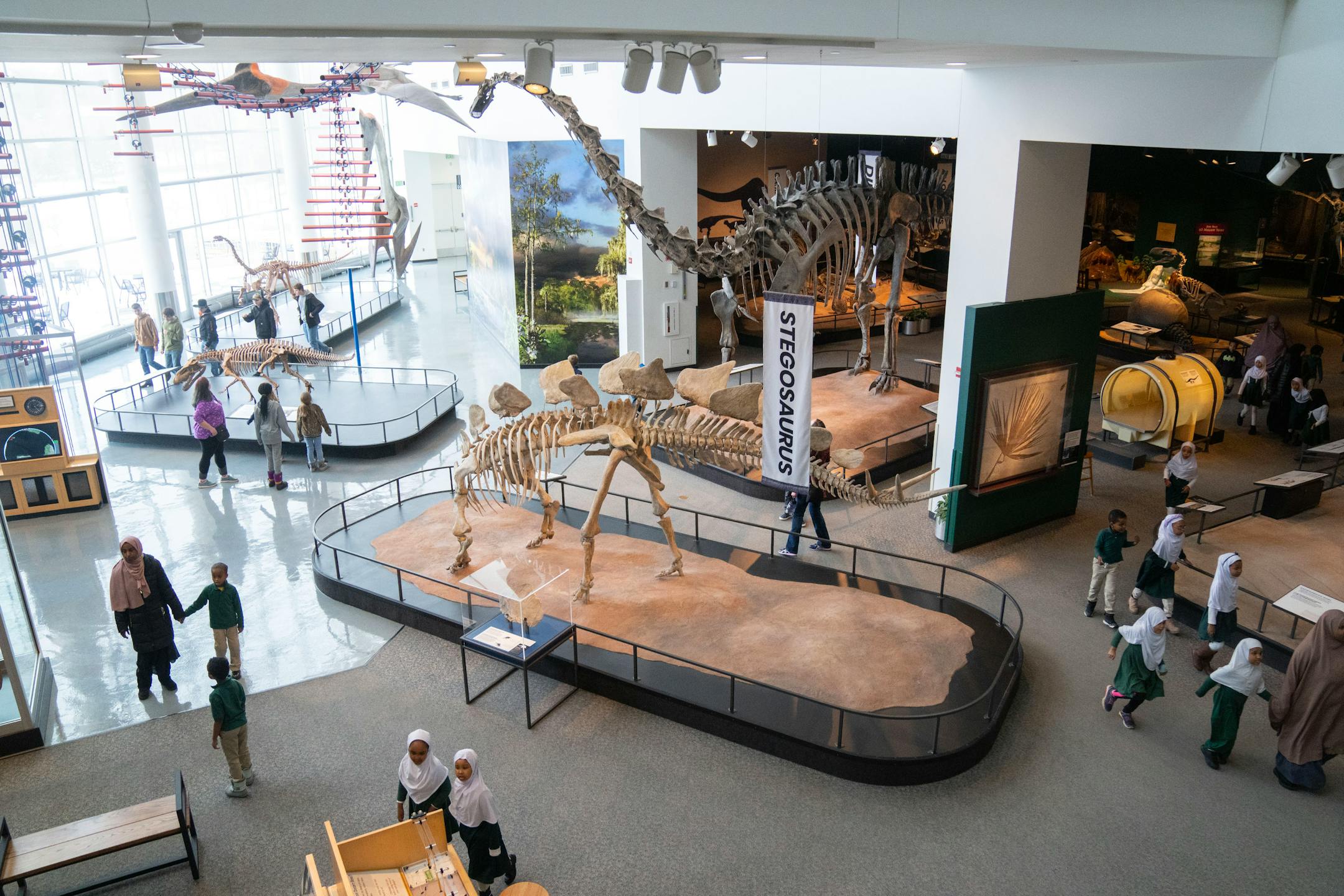 Children move through the Dinosaurs & Fossils Gallery.