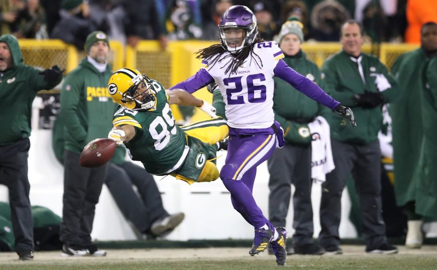 Vikings cornerback Trae Waynes broke up a pass intended for Packers wide receiver Michael Clark at Lambeau Field last December. The Vikings return to Lambeau early this season - in Week 2.