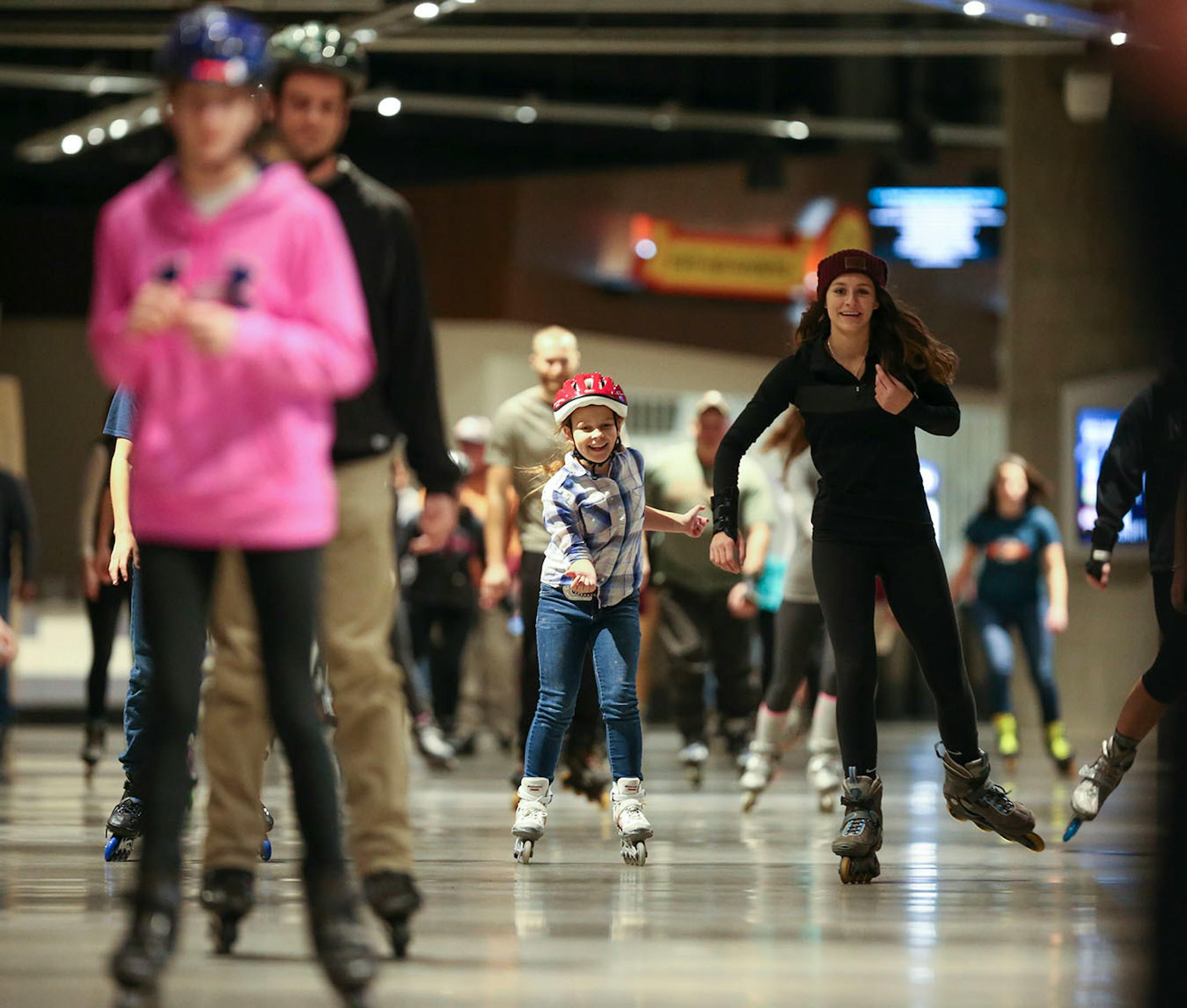 Skaters of all abilities rollered around the concourse of U.S. Bank Stadium Tuesday night. ] JEFF WHEELER ï jeff.wheeler@startribune.com Inline skating has begun in the concourse of U.S. Bank Stadium with more dates added through March 2017 due to popular demand. Hundreds of people skated during the family period from 5- 7 p.m. Tuesday night, December 27, 2016.
