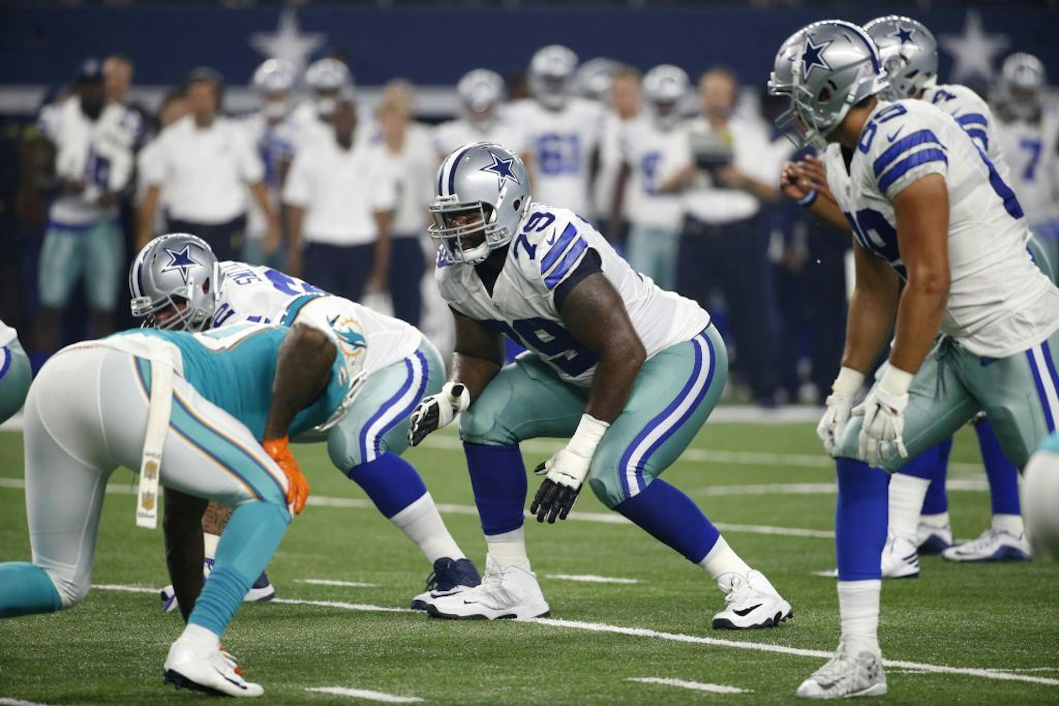 FILE - In this Friday, Aug. 19, 2016 file photo, Dallas Cowboys offensive tackle Chaz Green (79) lines up against the Miami Dolphins during an NFL preseason football game in Arlington, Texas. The fuel for this dazzling season for the Dallas Cowboys can be found up front, with an offensive line that�s helped make this team a handful to try to stop. The Cowboys play the Minnesota Vikings on Thursday, Dec. 1, 2016.