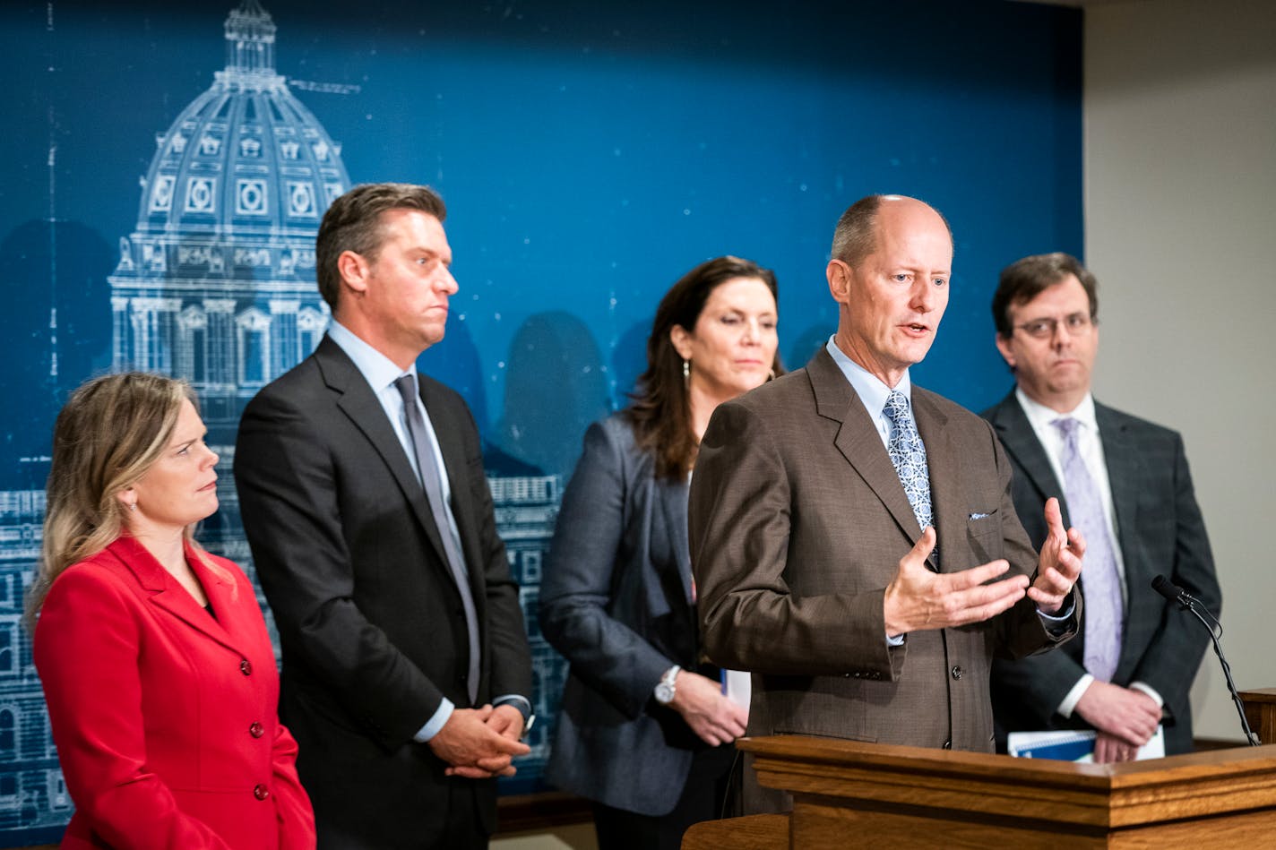 Senate Majority Leader Paul Gazelka (R-Nisswa), center and flanked by fellow Republicans after a legislative meeting in February.