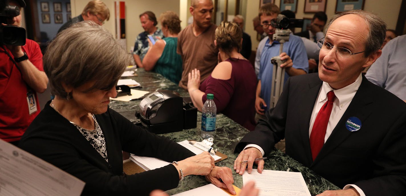 Former Commerce Commissioner Mike Rothman filed to run for attorney general.] ANTHONY SOUFFLE &#xef; anthony.souffle@startribune.com Candidates rushed to add their names to the races before the 5 p.m. Tuesday, June 5, 2018 deadline for filing to Minnesota's August primary ballot at the Minnesota Secretary of State's Office in St. Paul, Minn. With Lori Swanson out of AG and into governor's race, there could yet be more big last entries to some of the top races.