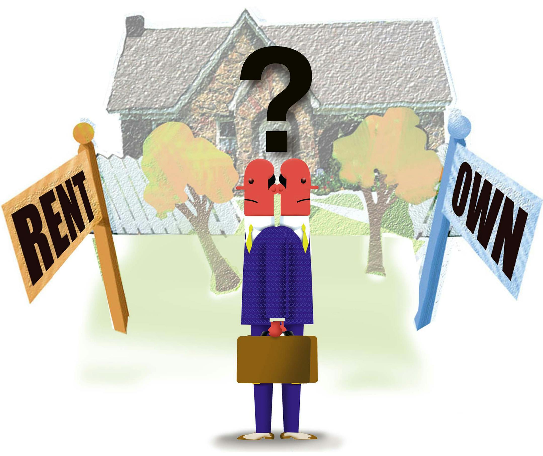 300 dpi 4 col x 6.5 in / 196x165 mm / 667x562 pixels Alex Leary and Tracy Cox color illustration of a home with "Rent" and "Own" signs and a confused man in the middle. KRT 2004 With BC-REAL-RENTBUY:SJ, Knight Ridder by Sue McAllister <p> KEYWORDS: krtbusiness business krtnational national krtworld world krtintlbusiness krtnamer north america krtrealestate real estate krtusbusiness u.s. us united states krt alquiler bienes inmuebles buyer casa cox leary mcallister coddington decision grabado hip