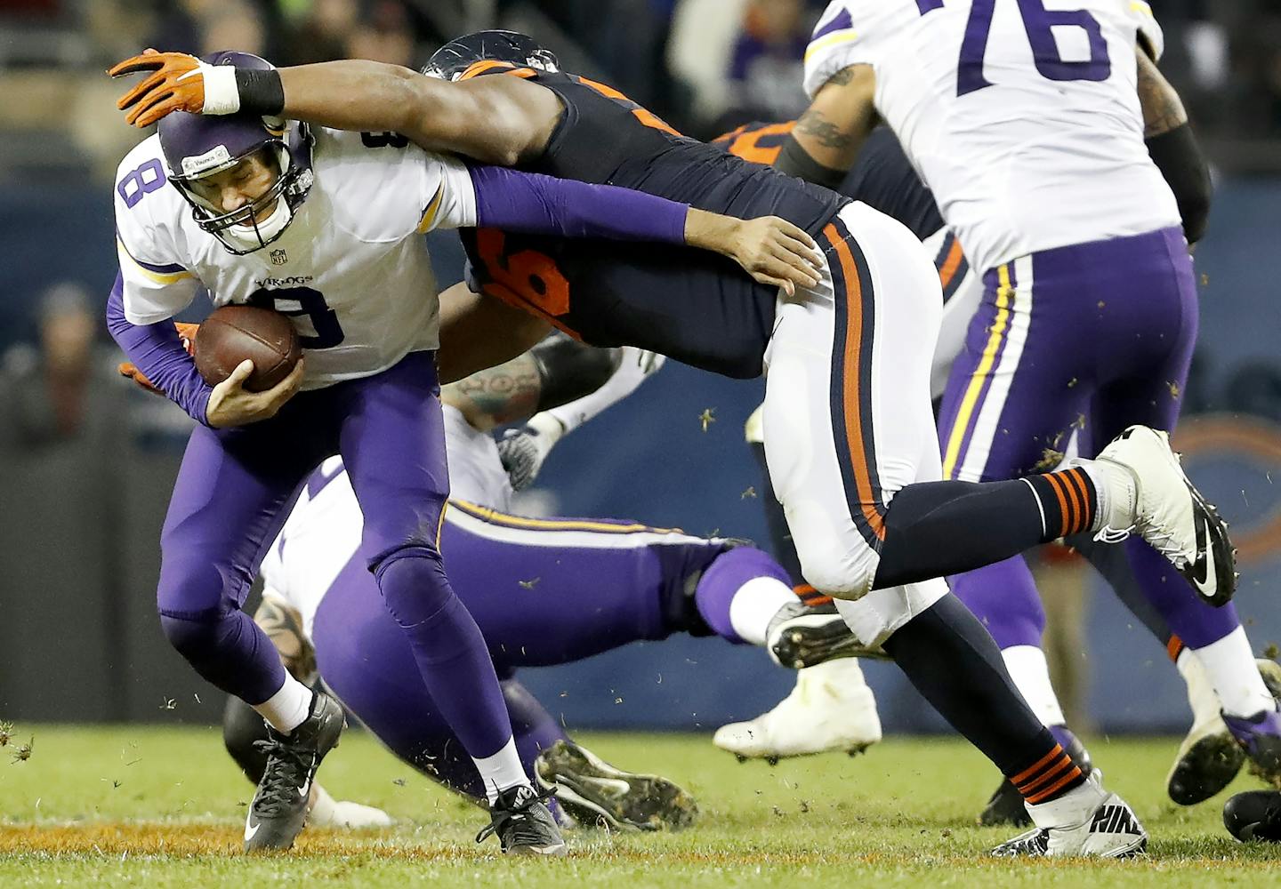 Sam Bradford (8) was sacked by Akiem Hicks (96) in the fourth quarter against the Bears.