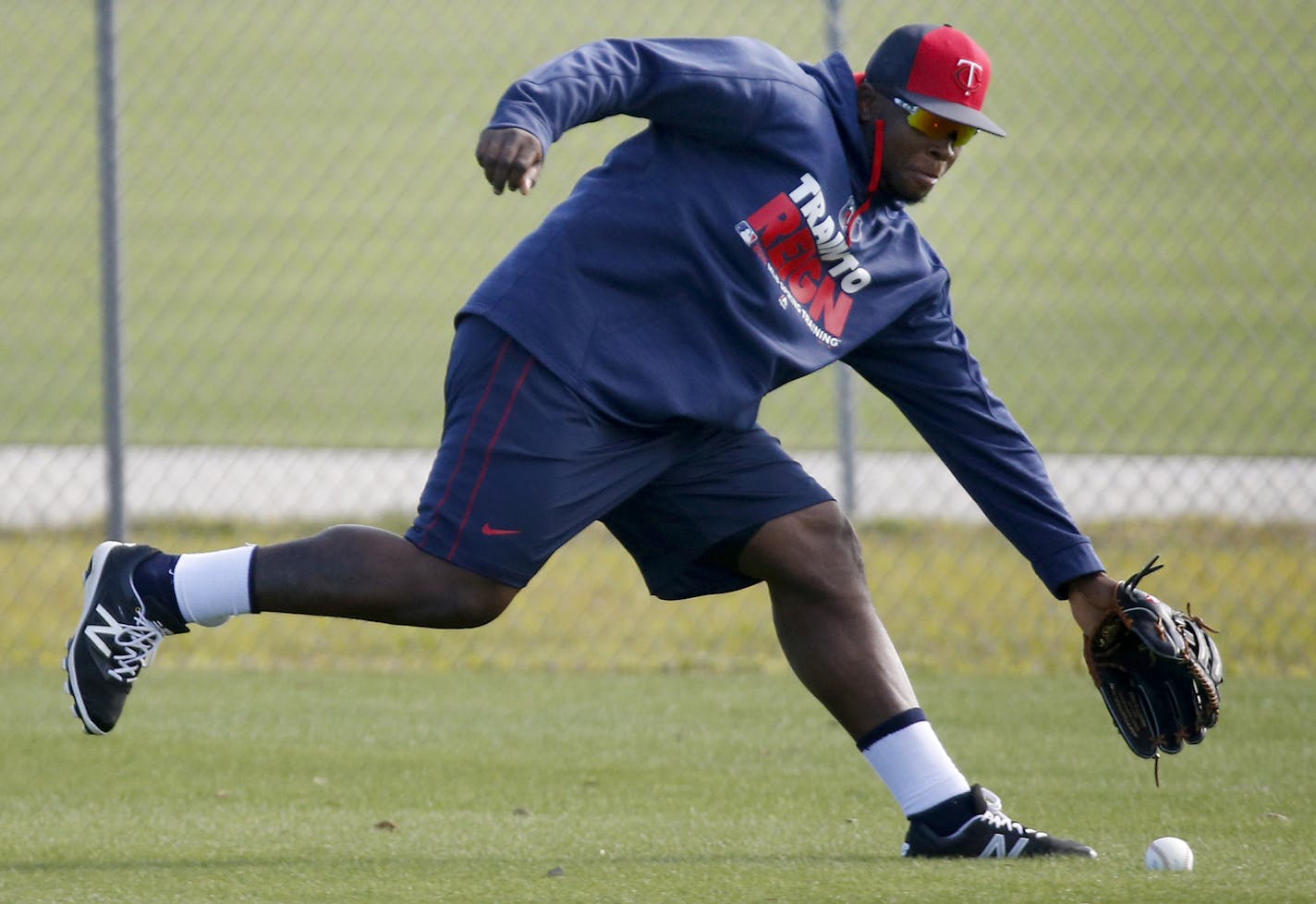 Miguel Sano shagged balls in the outfield during a spring training workout. It's a new position for the Twins slugger, yet he's played little time there so far in the exhibition season.