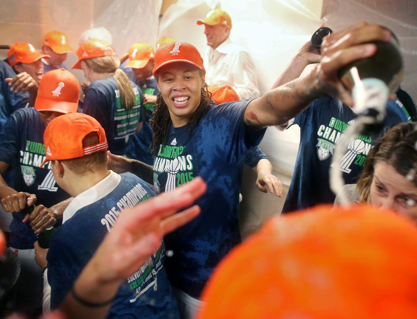 The Minnesota Lynx celebrate winning the WNBA title. ] (KYNDELL HARKNESS/STAR TRIBUNE) kyndell.harkness@startribune.com Game 5 of the WNBA finals Lynx vs Indiana at the Target Center in Minneapolis, Min., Wednesday October 14, 2015. ORG XMIT: MIN1510142203180490