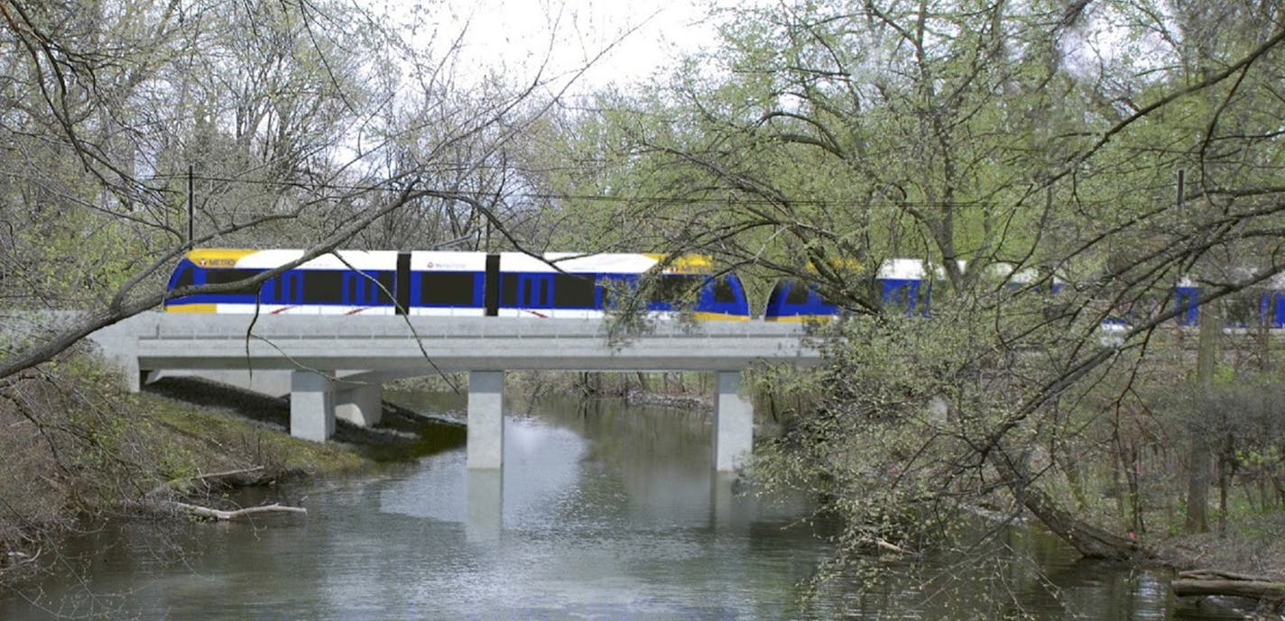 A rendering of the Southwest Light Rail train passing through the Kenilworth Lagoon ORG XMIT: MIN1605131425430376 ORG XMIT: MIN1605181436410516 ORG XMIT: MIN1607201316000459