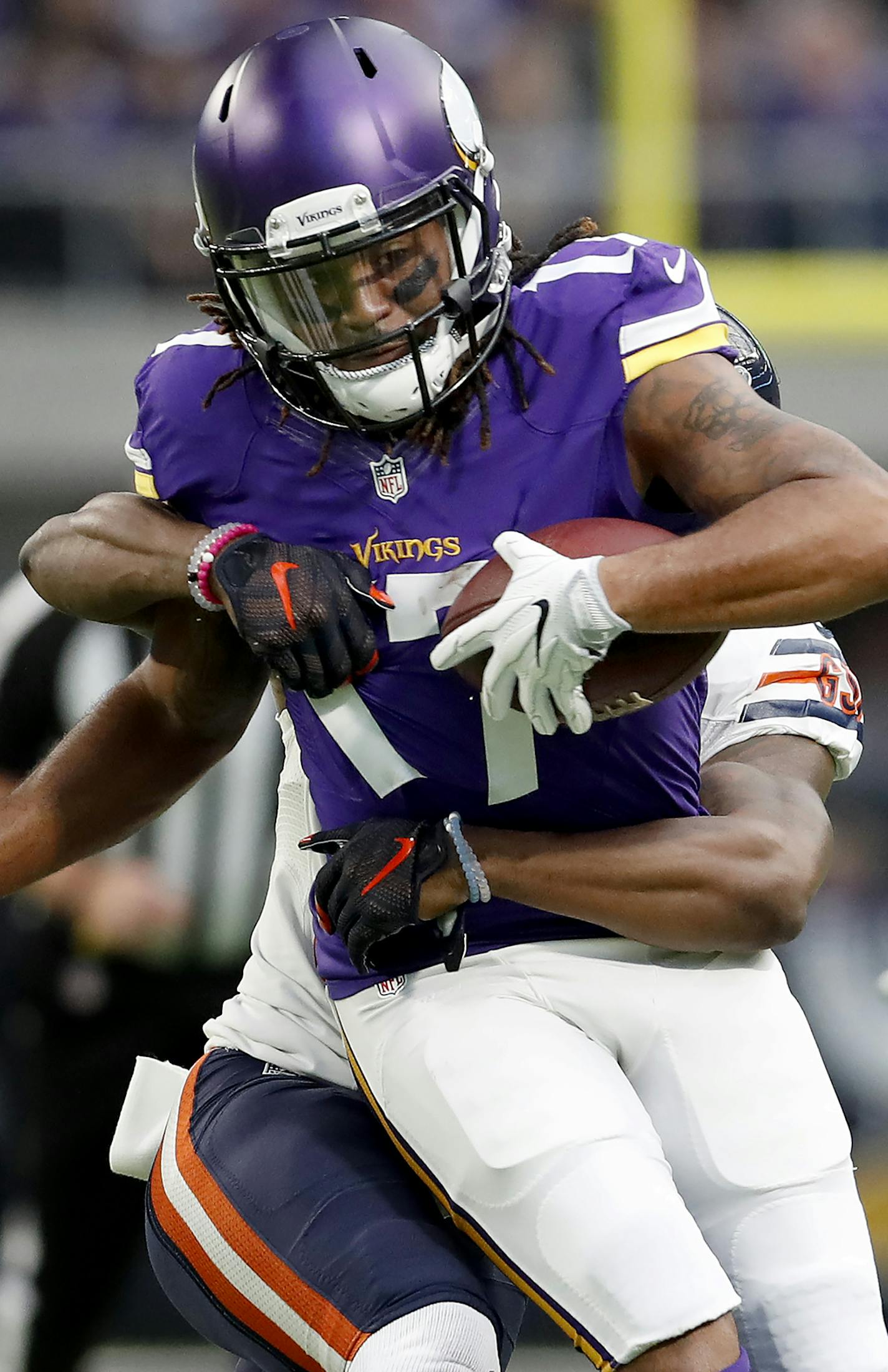 Jarius Wright (17) was tacked after a catch in the first quarter. ] CARLOS GONZALEZ cgonzalez@startribune.com - January 1, 2017, Minneapolis, MN, US Bank Stadium, NFL, Minnesota Vikings vs. Chicago Bears