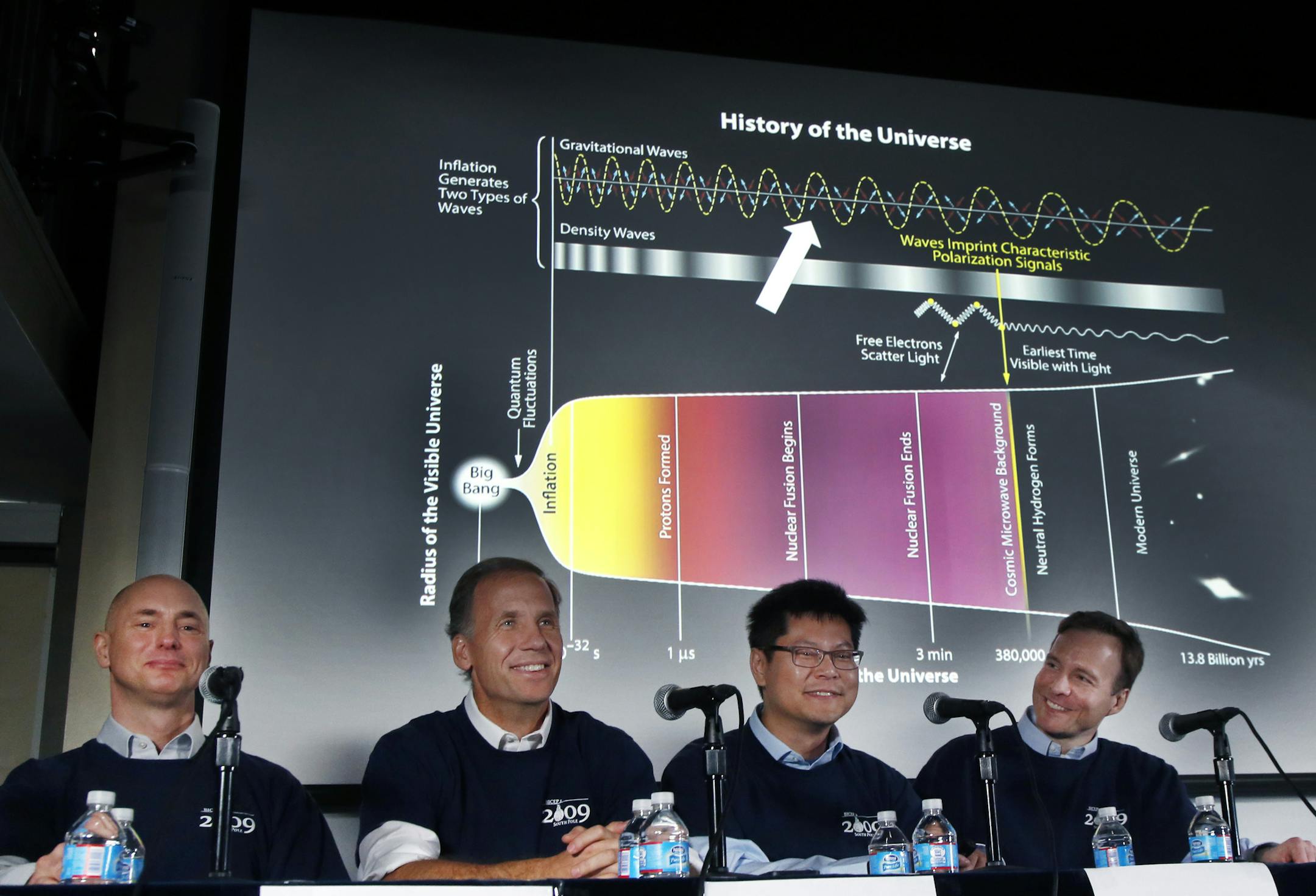 Scientists, from left, Clem Pryke, Jamie Bock, Chao-Lin Kuo and John Kovac smile during a news conference at the Harvard-Smithsonian Center for Astrophysics in Cambridge, Mass., Monday, March 17, 2014, regarding their new findings on the early expansion of the universe. Scientists say that the universe was born almost 14 billion years ago, exploding into existence in an event called the Big Bang. Now these researchers say they’ve spotted evidence that a split-second later, the expansion o