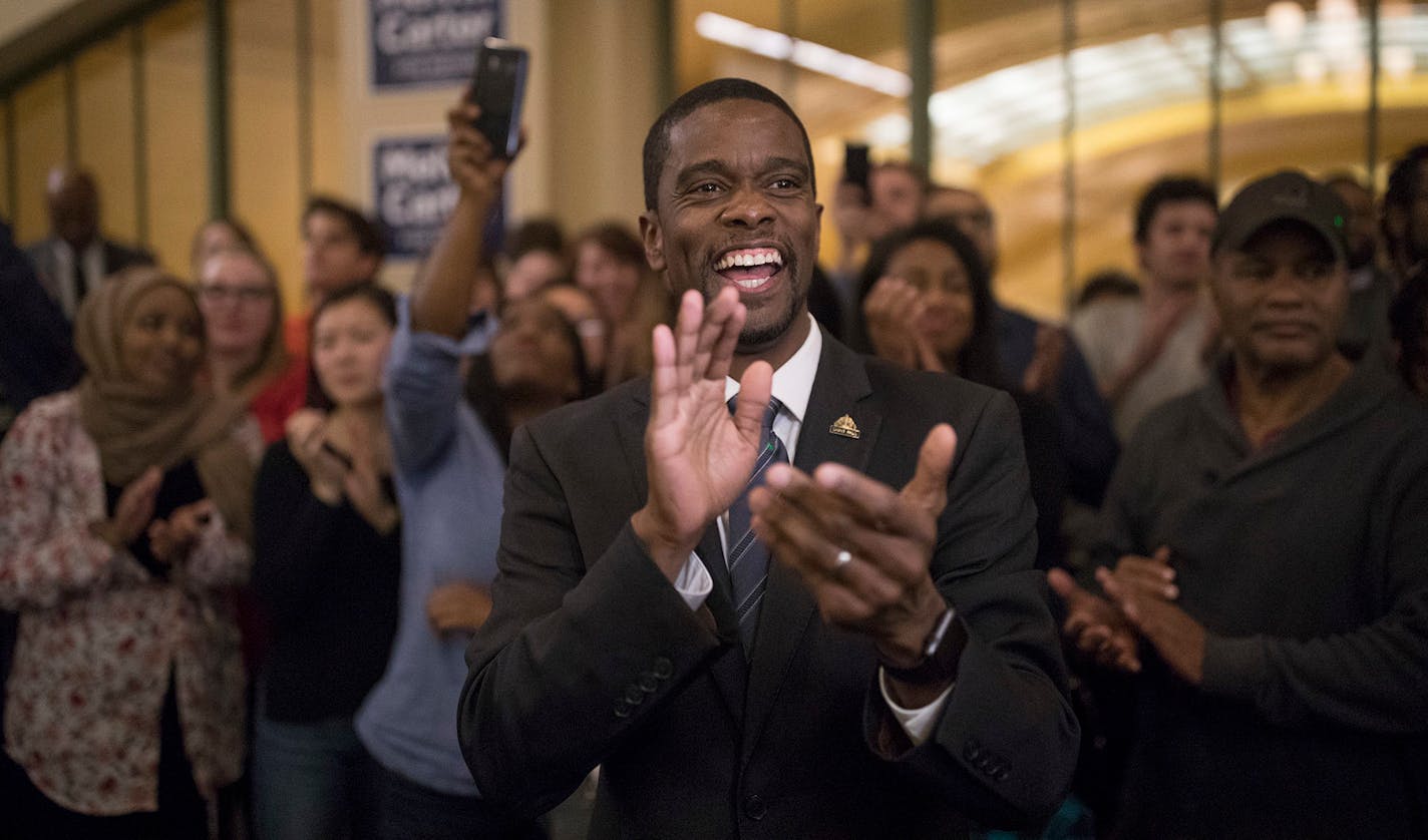 St. Paul mayor Melvin Carter celebrated his win with family and friends at the Union Depot November 7, 2017 in St. Paul.