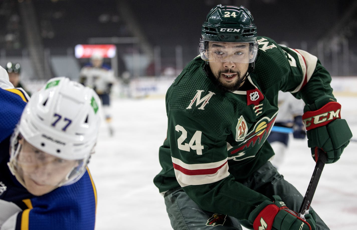 Matt Dumba (24) of the Minnesota Wild ] CARLOS GONZALEZ ¥ cgonzalez@startribune.com Ð St. Paul, MN, April 28, 2021, Xcel Energy Center, NHL, Hockey, Minnesota Wild vs. St. Louis Blues