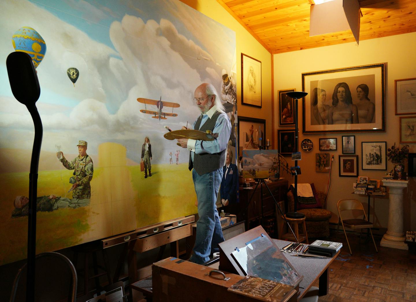 Classically trained Italian fresco painter Charles Gilbert Kapsner worked on the last of five murals for his 10-year U.S. war veterans project at his studio in Little Falls. ] ANTHONY SOUFFLE &#x2022; anthony.souffle@startribune.com Classically trained Italian fresco painter Charles Gilbert Kapsner worked on the last of five murals for his 10-year U.S. war veterans project Wednesday, May 8, 2019 at his studio in Little Falls, Minn. The murals, which are on view at the MN State Veterans Cemetery,