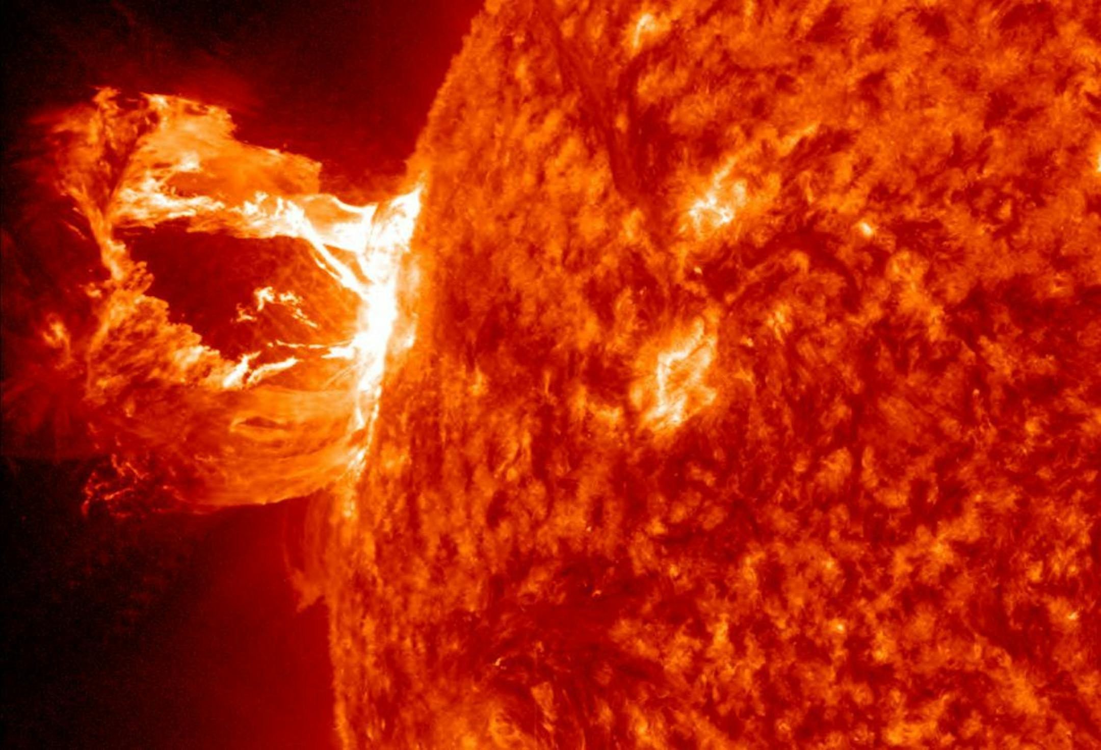 This image provided by NASA shows the sun releasing a M1.7 class flare associated with a prominence eruption on April, 16, 2012. This image was taken by the Solar Dynamics Observatory. This visually spectacular explosion occurred on the sun's Northeastern limb (left) and was not Earth directed.