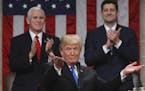 FILE - In this Jan. 30, 2018, file photo, President Donald Trump gestures as delivers his first State of the Union address in the House chamber of the