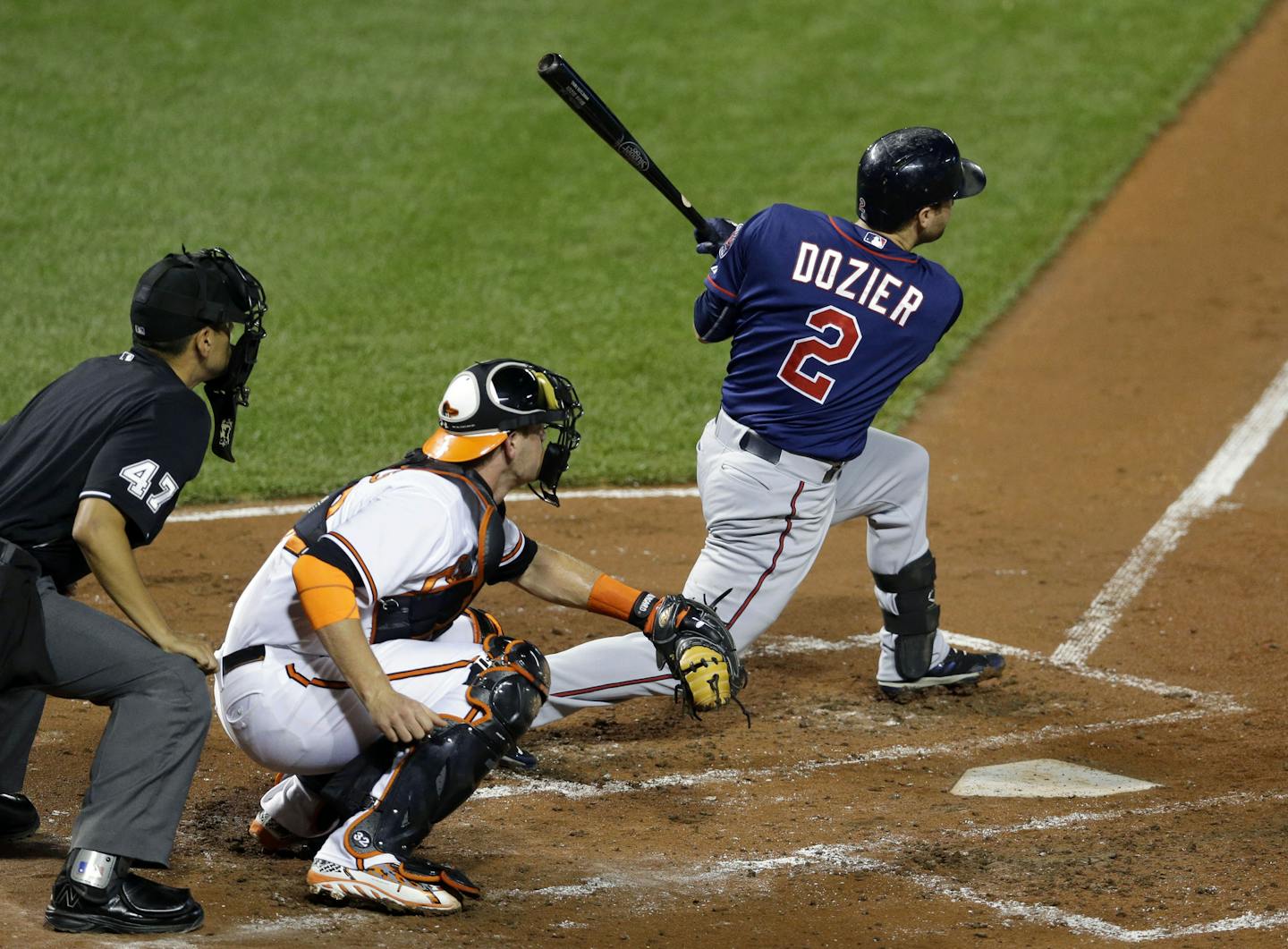 Minnesota Twins' Brian Dozier (2) watches his single in front of Baltimore Orioles catcher Matt Wieters and home plate umpire Gabe Morales in the second inning of a baseball game, Thursday, Aug. 20, 2015, in Baltimore. Kurt Suzuki scored on the play. (AP Photo/Patrick Semansky)