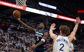 Minnesota Timberwolves guard Anthony Edwards (5) puts up a shot in the third quarter. The Minnesota Timberwolves defeated the Golden State Warriors 11