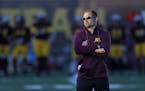 Gopher coach P.J. Fleck with his team during football practice at the University of Minnesota Tuesday March 21, 2017 in Minneapolis, MN.] JERRY HOLT &