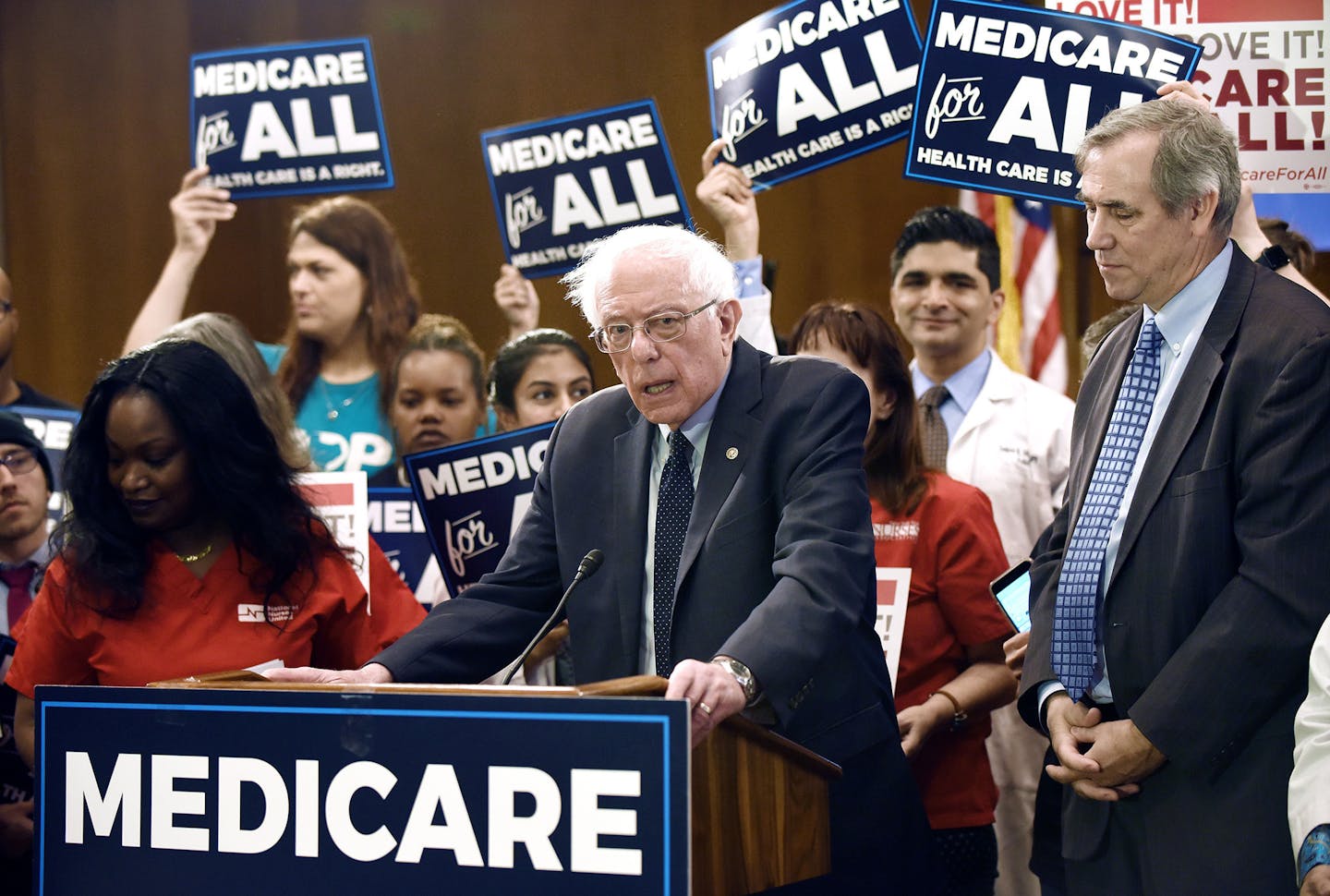 Democratic presidential candidate Sen. Bernie Sanders introduces the Medicare for All Act of 2019 on Capitol Hill on April 10, 2019, in Washington, D.C. (Olivier Douliery/Abaca Press/TNS) ORG XMIT: 1470647